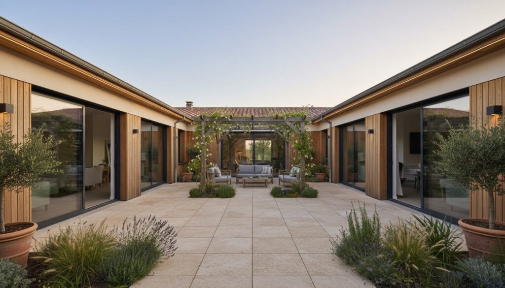 Plan maison en U plain pied : 5 modèles avec patio central