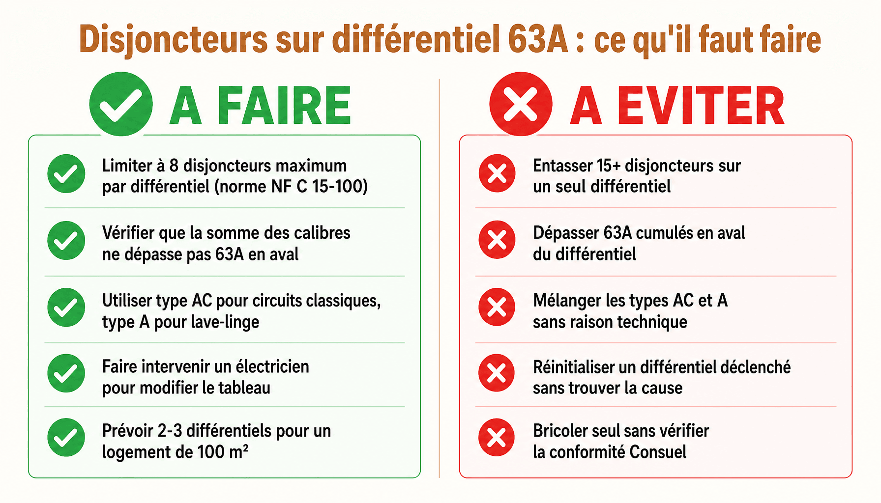 Infographie combien de disjoncteur sur un différentiel 63a 30ma type ac à faire et à éviter