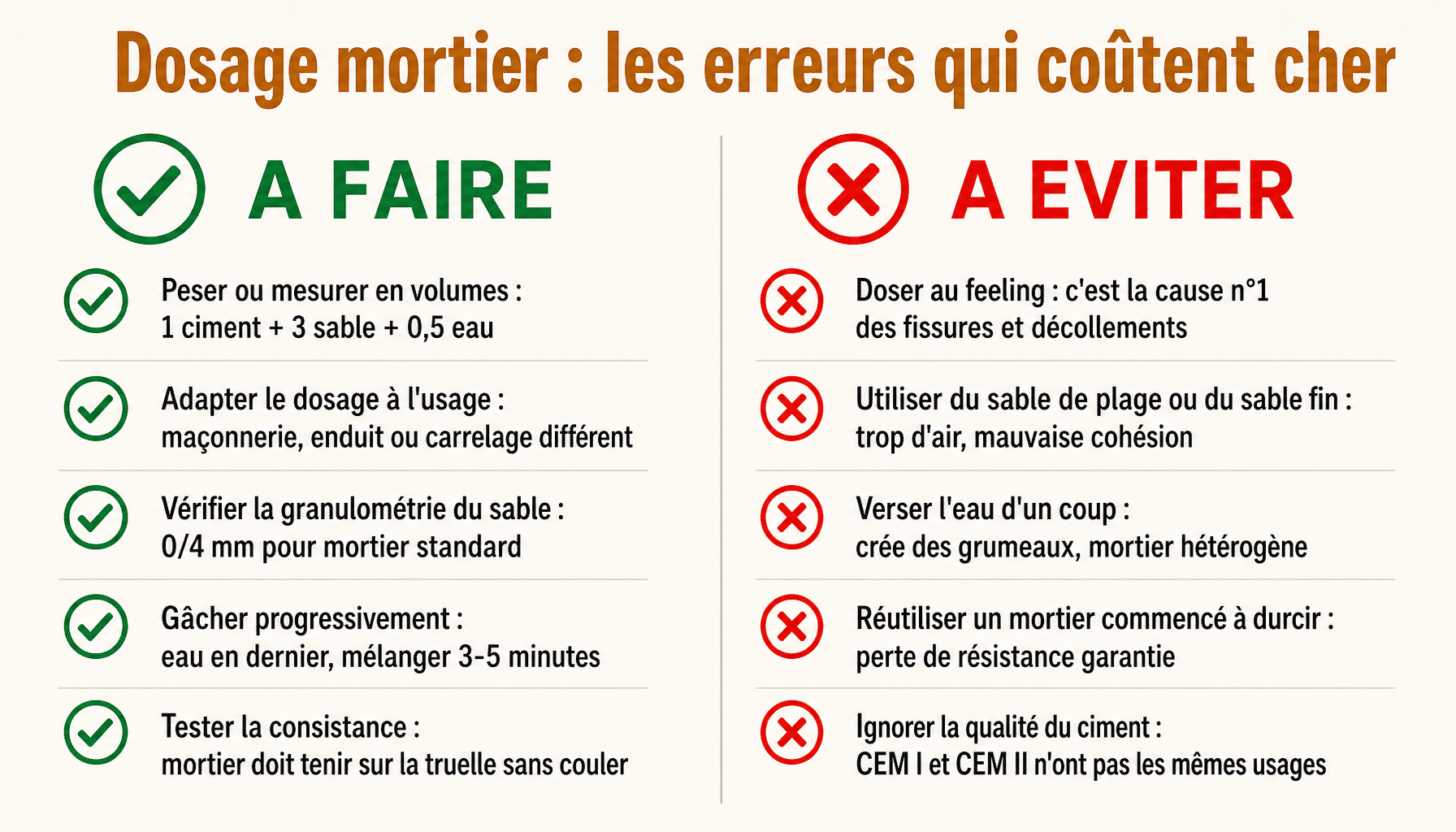 Infographie dosage mortier : bonnes pratiques vs erreurs courantes à éviter sur chantier