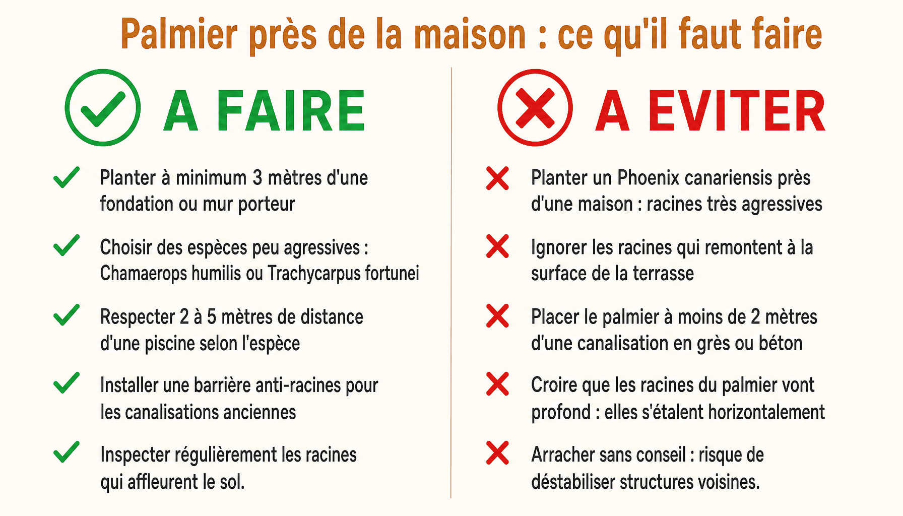 Infographie racine palmier : distances sécurité, espèces, barrières anti-racines à respecter