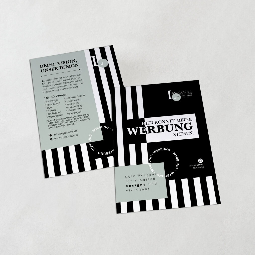 Schwarz, grüner Flyer mit Streifen für eine Grafikdesignerin