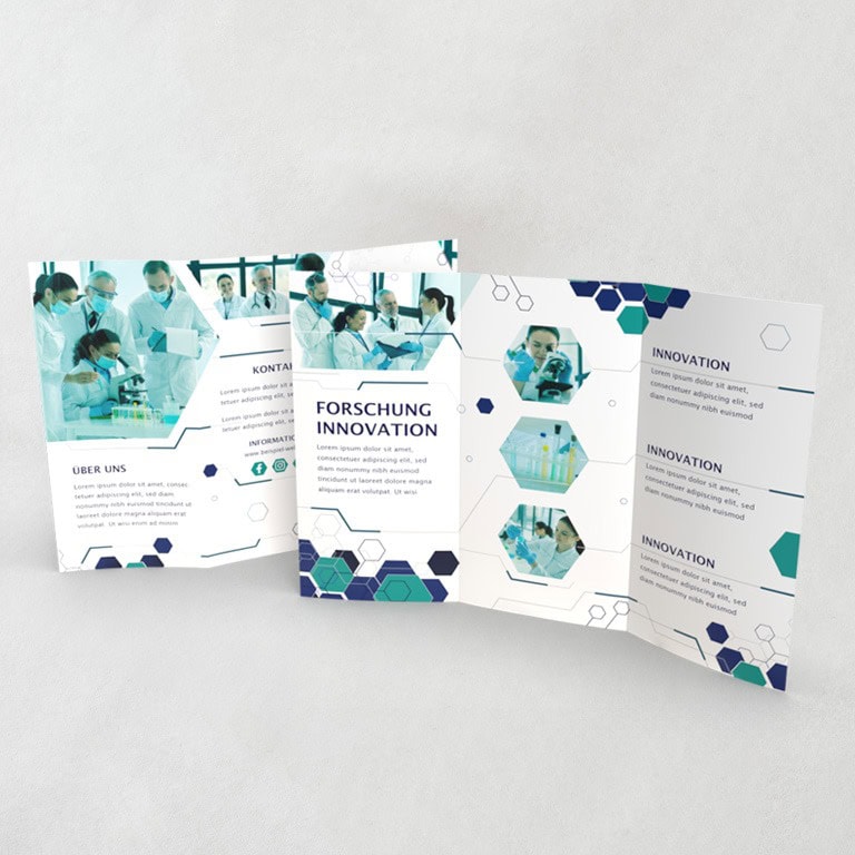 Blau, weißer Flyer für eine Forschungseinrichtung