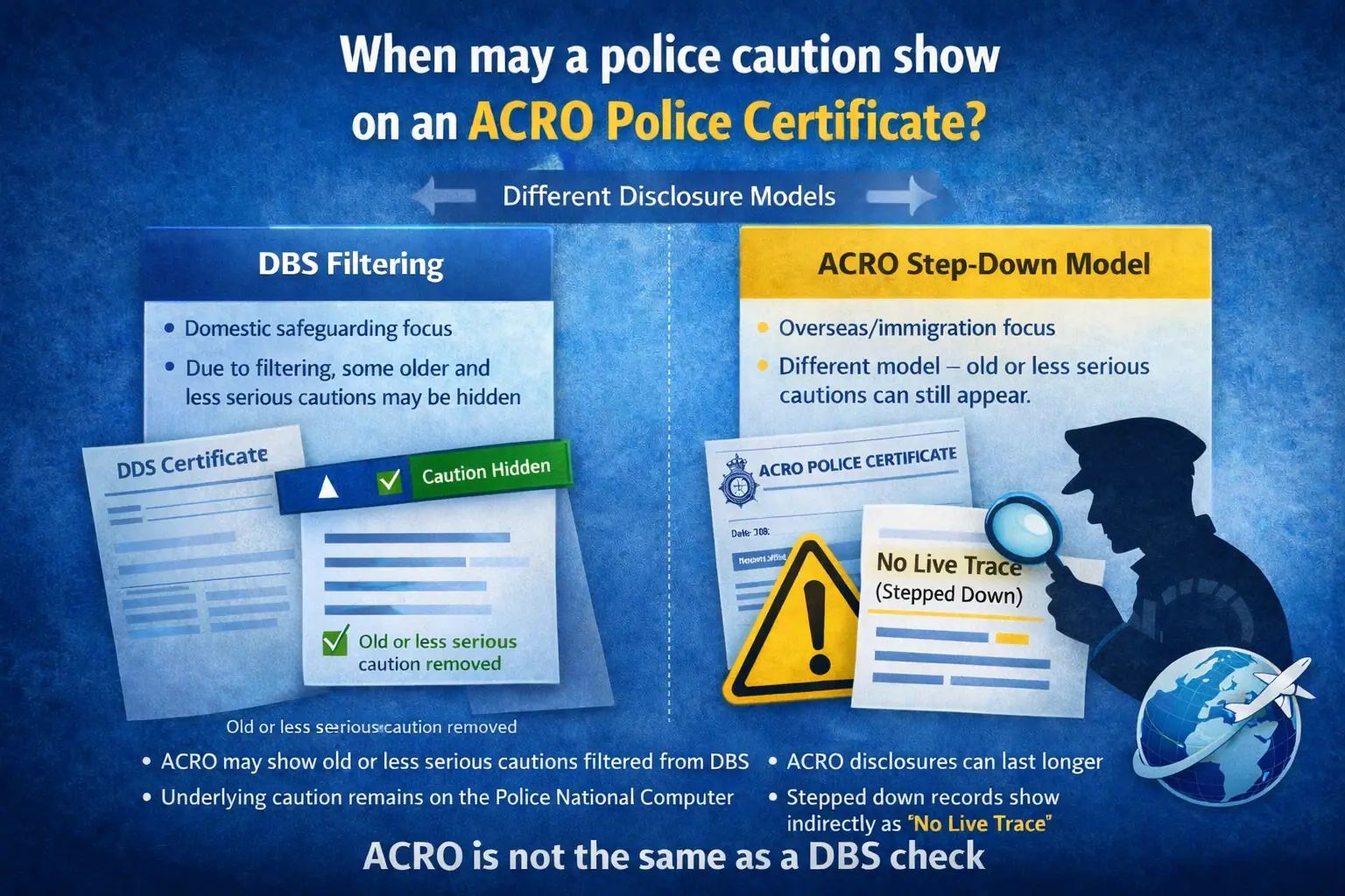Infographic explaining when police cautions may appear on an ACRO Police Certificate and how No Trace and No Live Trace differ