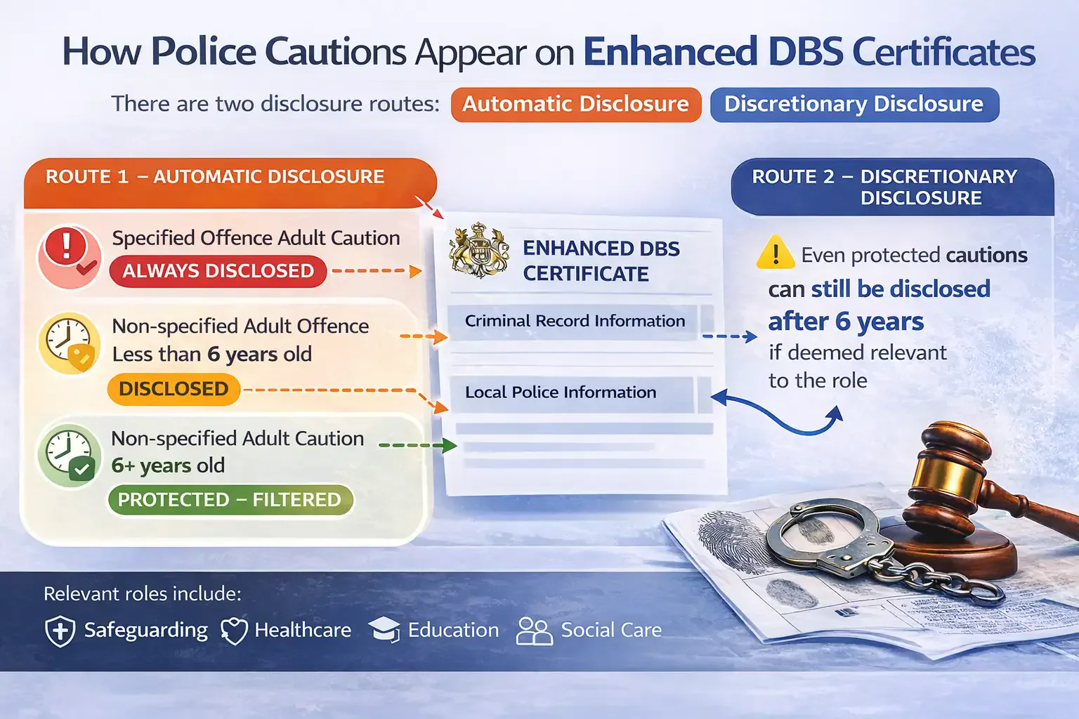 Infographic showing when police cautions appear automatically on an Enhanced DBS certificate and when local police information may still be disclosed
