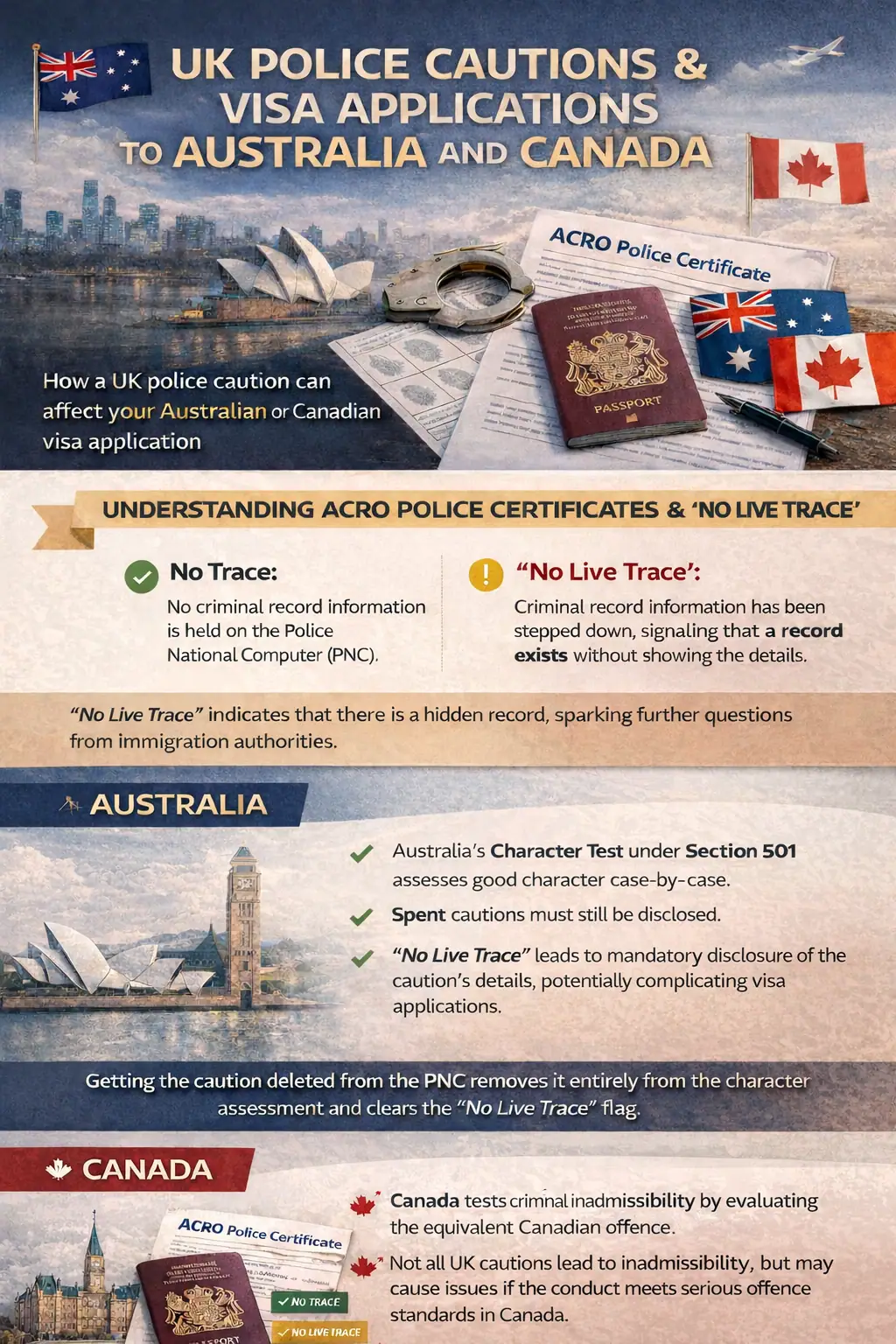 Infographic comparing how Australia and Canada treat UK police cautions for visa purposes, showing the ACRO certificate No Trace vs No Live Trace distinction, the Australia character test, Canada inadmissibility equivalency test, and how caution deletion affects the outcome