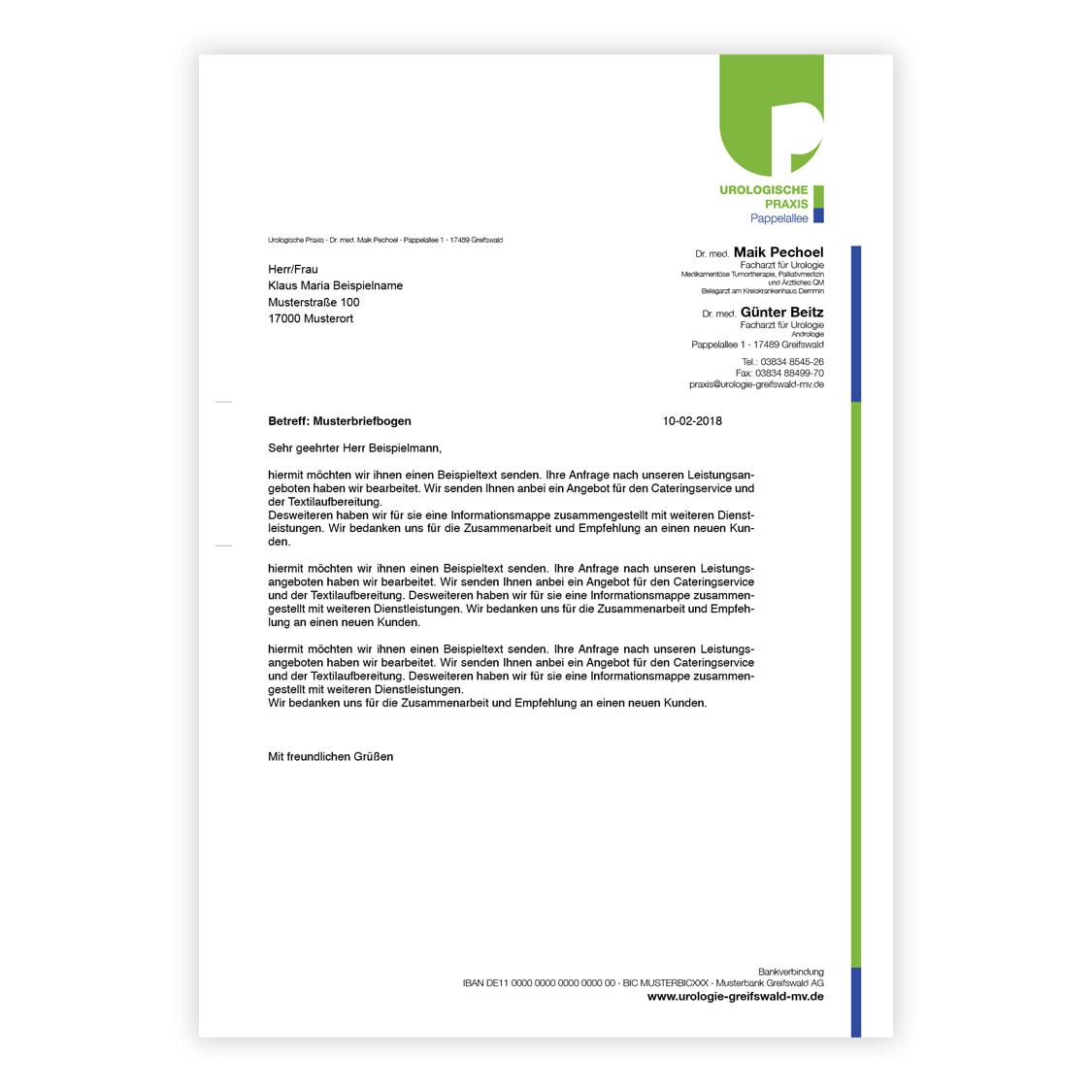 Ansicht des Briefbogens für die Urologische Praxis Pappelallee ind Greifswald.