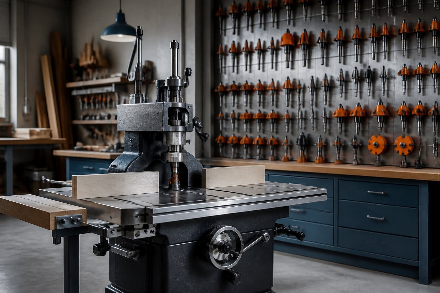 Atelier de machines à bois : toupie en fonte et fraises carbure orange organisées au panneau