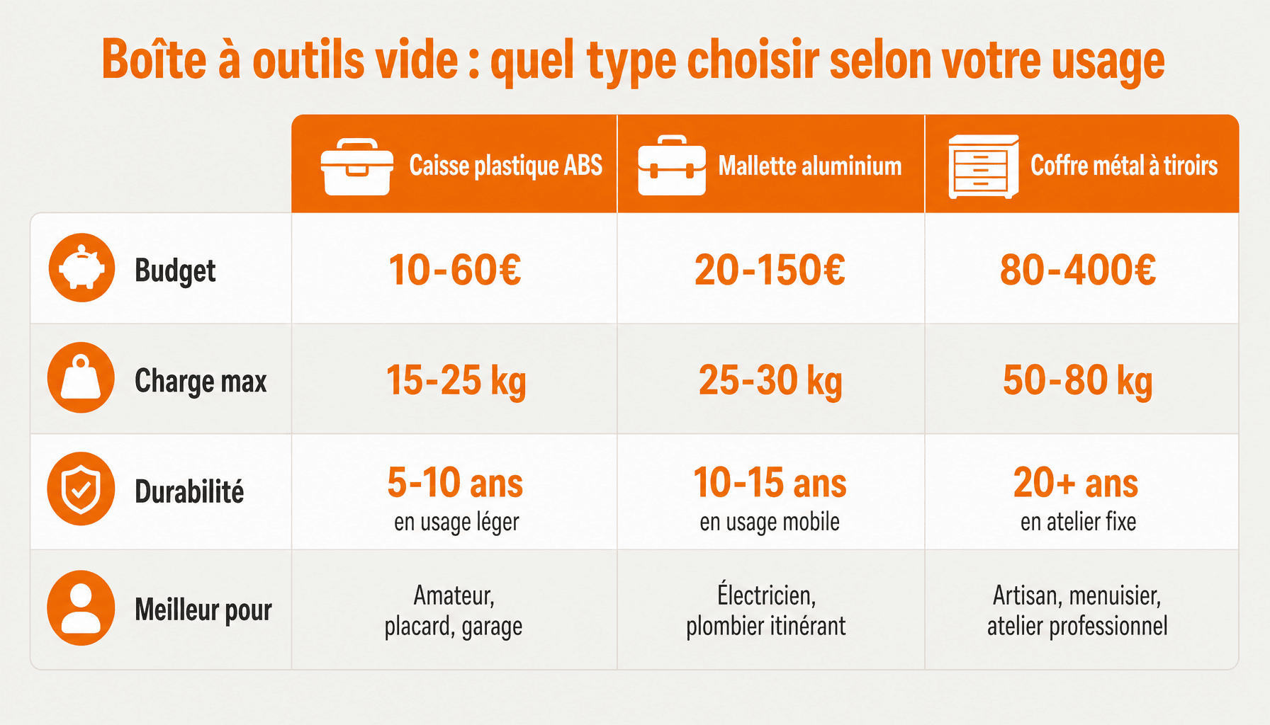Comparaison des trois familles de boîte à outils vide : plastique, aluminium, métal à tiroirs