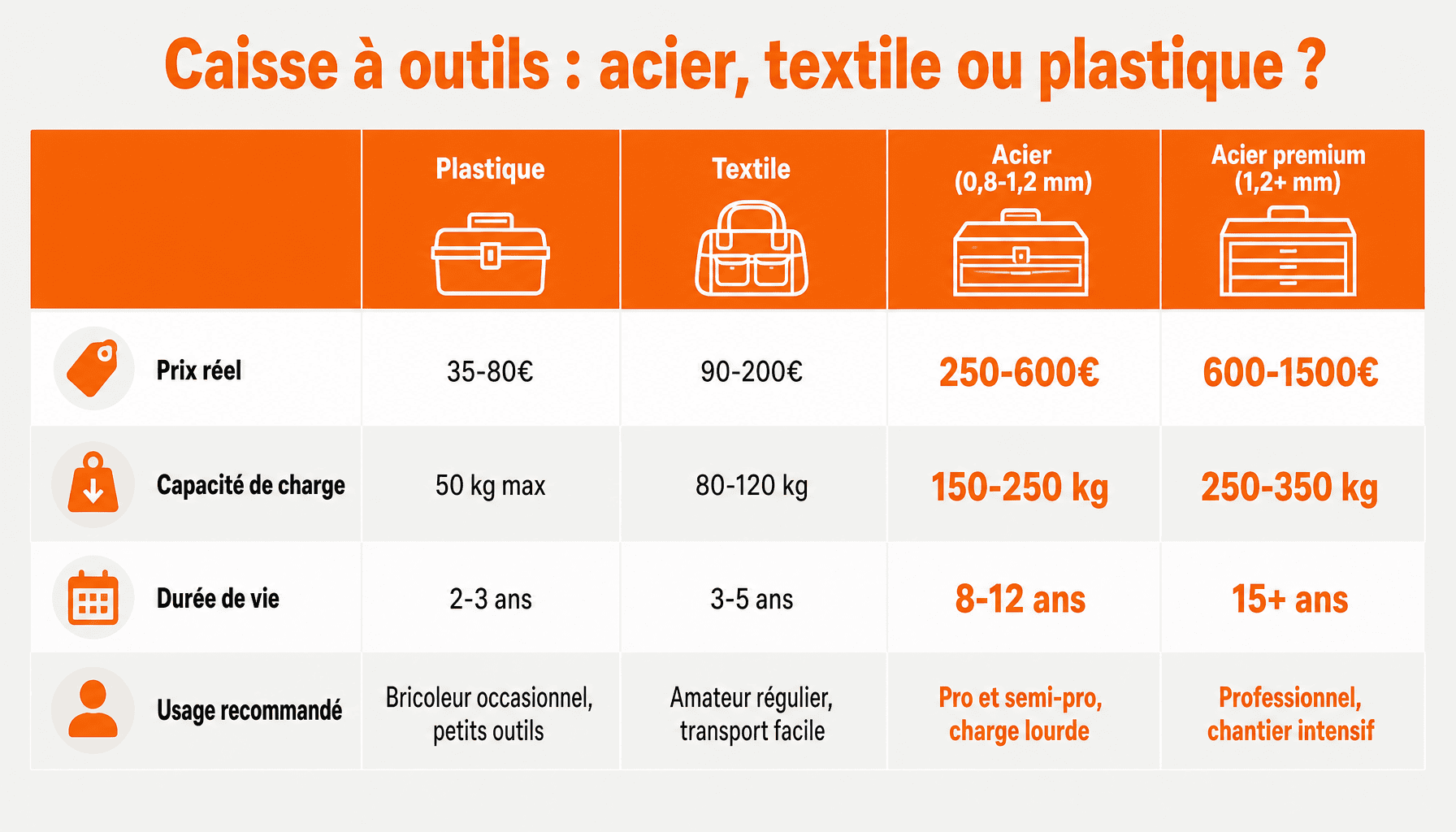 Comparaison des 3 matériaux pour choisir sa caisse à outils sur roulettes : prix, charge, durée de vie