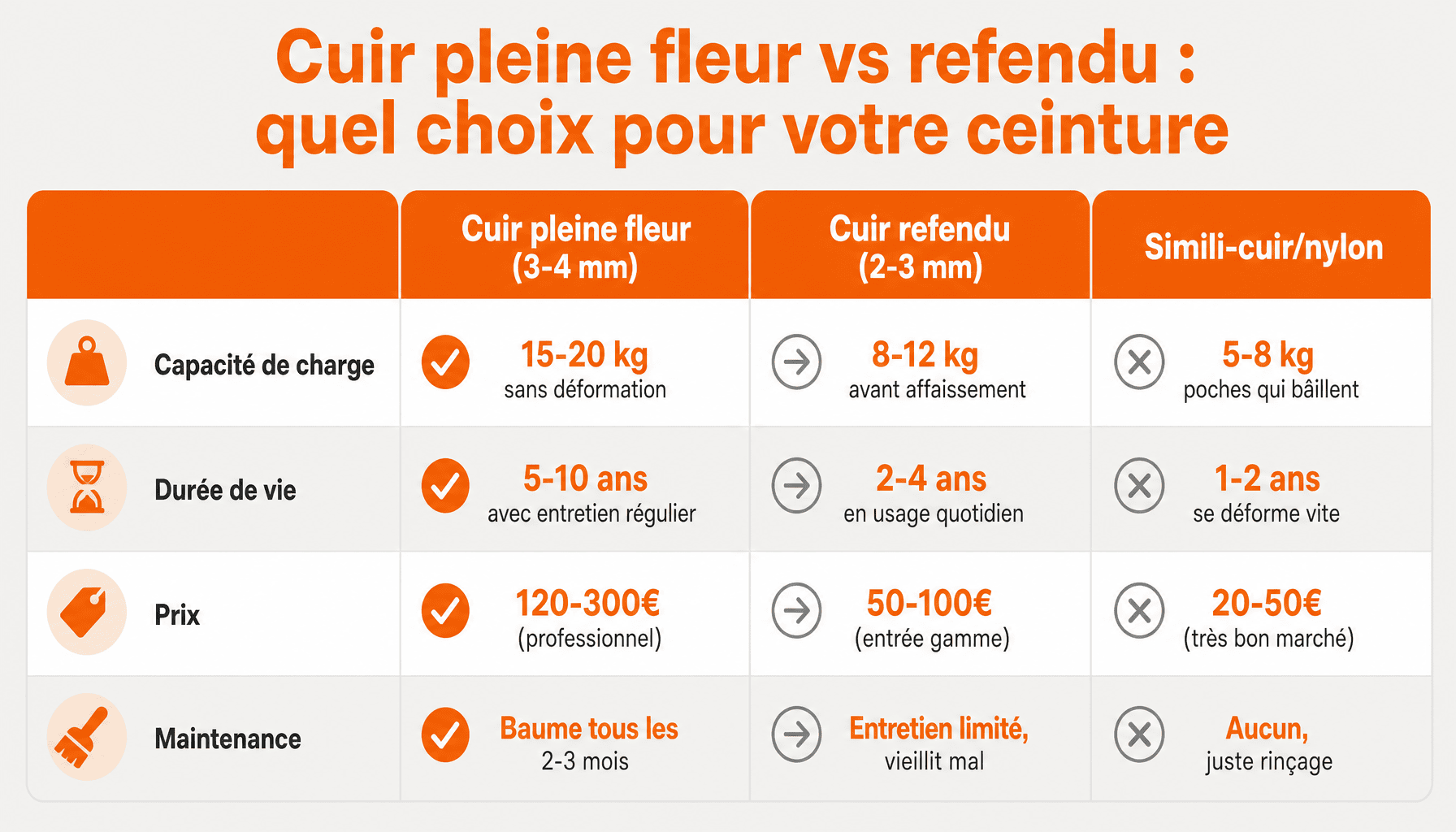 Comparaison cuir pleine fleur et refendu pour ceinture porte outils cuir : capacité charge, durée vie, prix