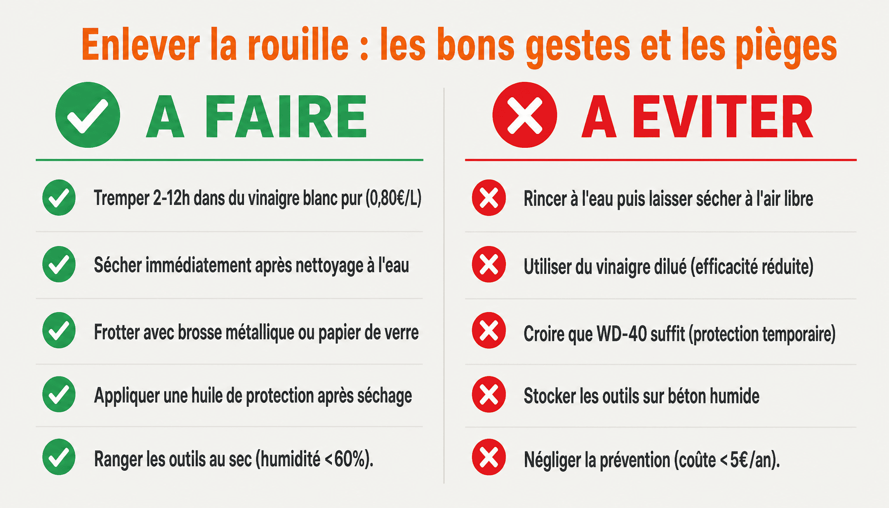 Infographie comment enlever la rouille sur des outils : méthodes à faire et à éviter pour débutants