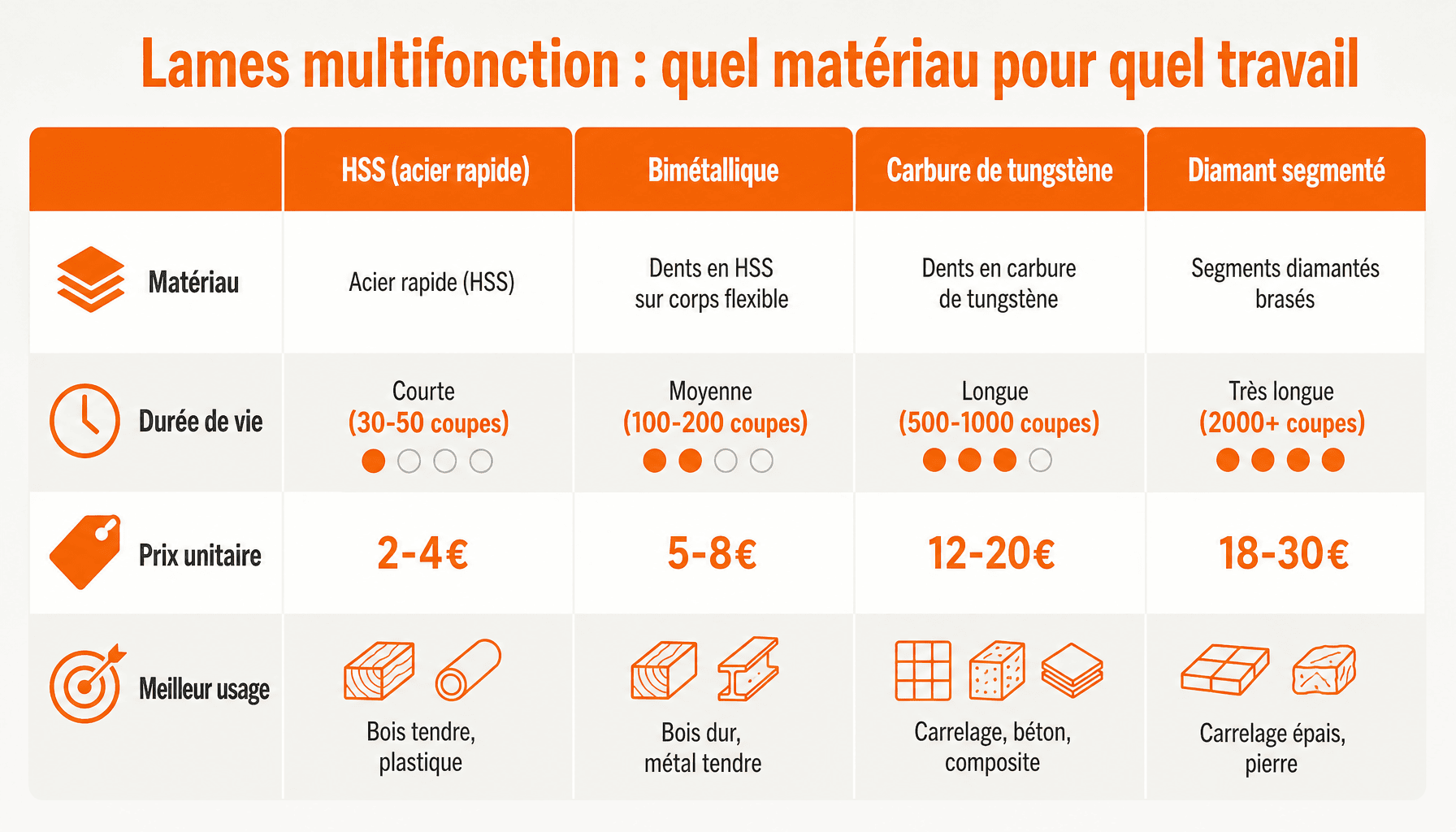 Comparaison des matériaux de lame pour outils multifonction : HSS, bimétallique, carbure, diamant