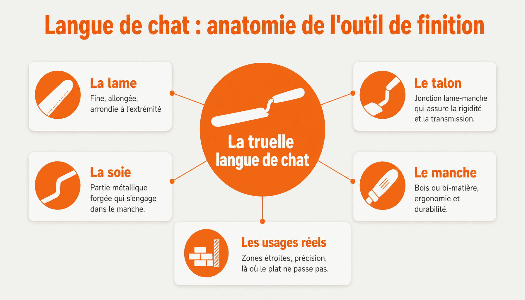 Infographie décomposant les 5 parties essentielles de la truelle langue de chat outil : lame, soie, talon, manche et forme caractéristique