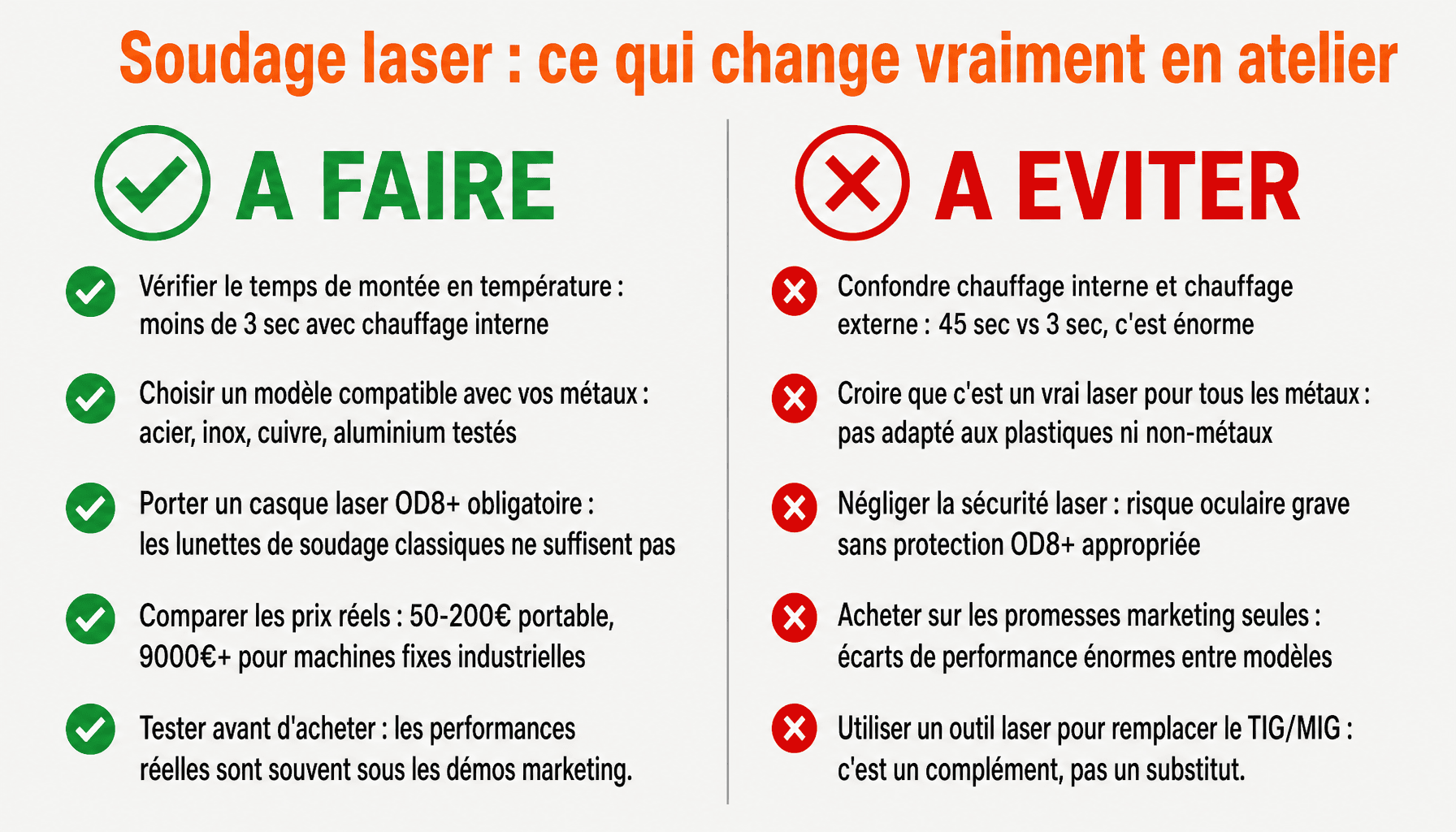 Infographie outil de soudage laser industriel à chauffage interne : bonnes pratiques vs erreurs courantes d'atelier