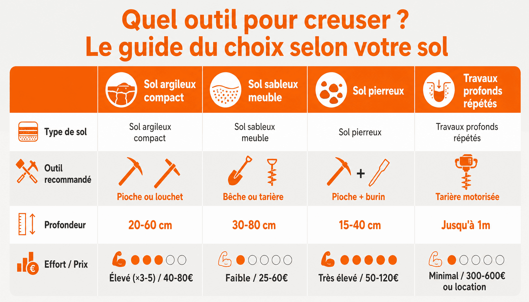 Tableau comparatif des meilleurs outils pour creuser la terre selon le type de sol, profondeur et effort requis