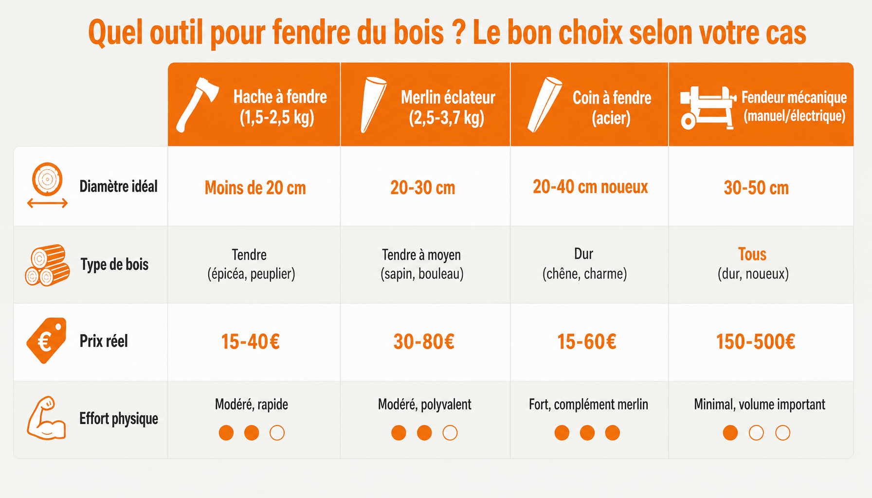 Comparaison des 4 outils pour fendre du bois : hache, merlin, coin, fendeur mécanique avec critères de choix