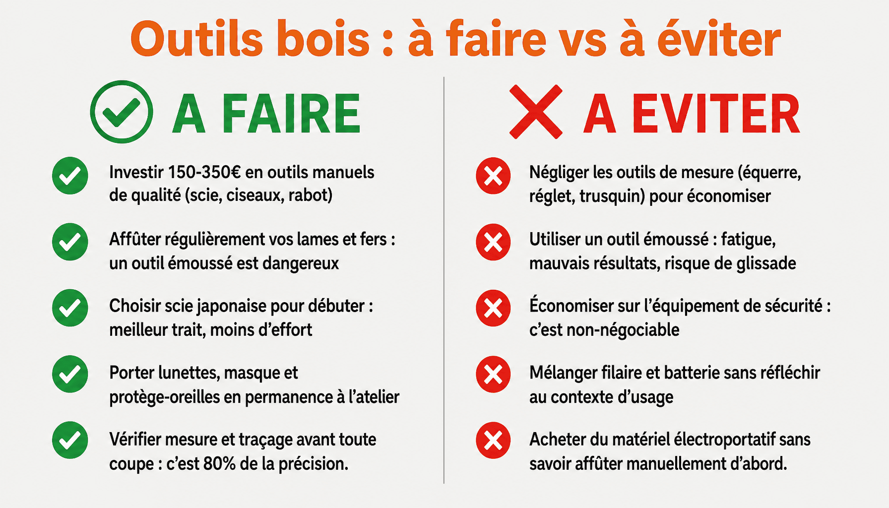 Infographie des bonnes pratiques et erreurs courantes pour les outils pour le travail du bois en atelier