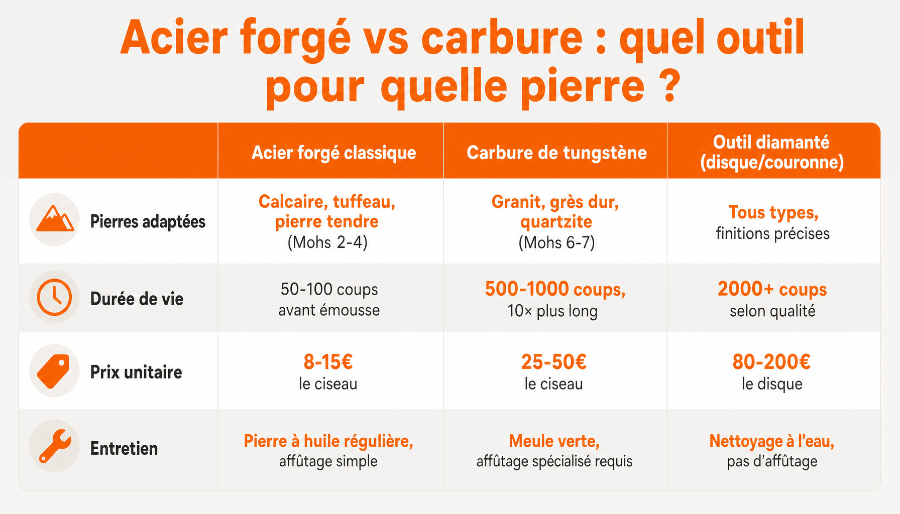 Tableau comparatif outils pour travailler la pierre : acier forgé versus carbure de tungstène selon dureté et budget