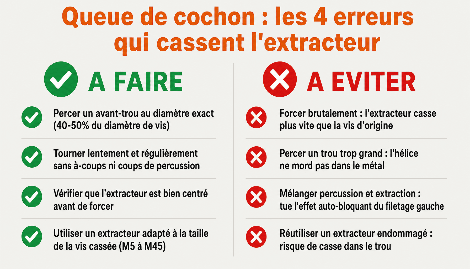 Infographie outils queue de cochon : bonnes pratiques et erreurs à éviter pour extraire vis cassée sans casser l'outil