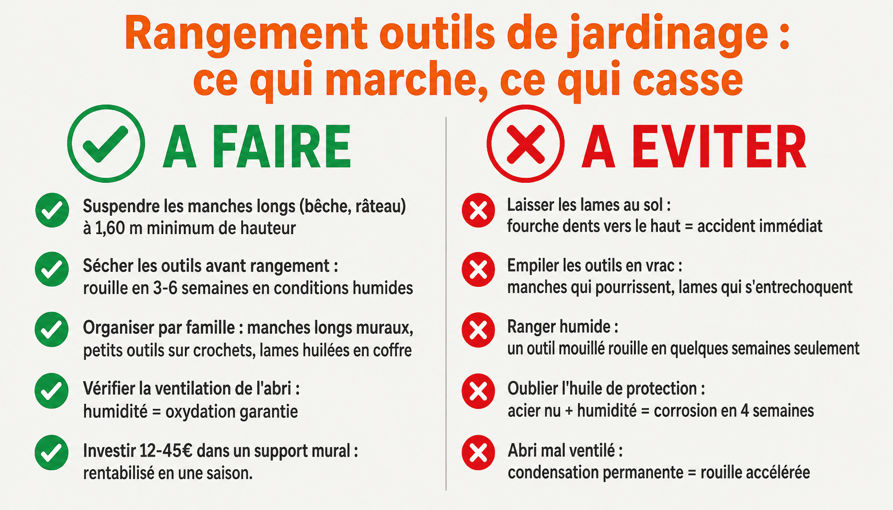 Infographie rangement des outils de jardinage : bonnes pratiques et erreurs à éviter pour préserver ses outils