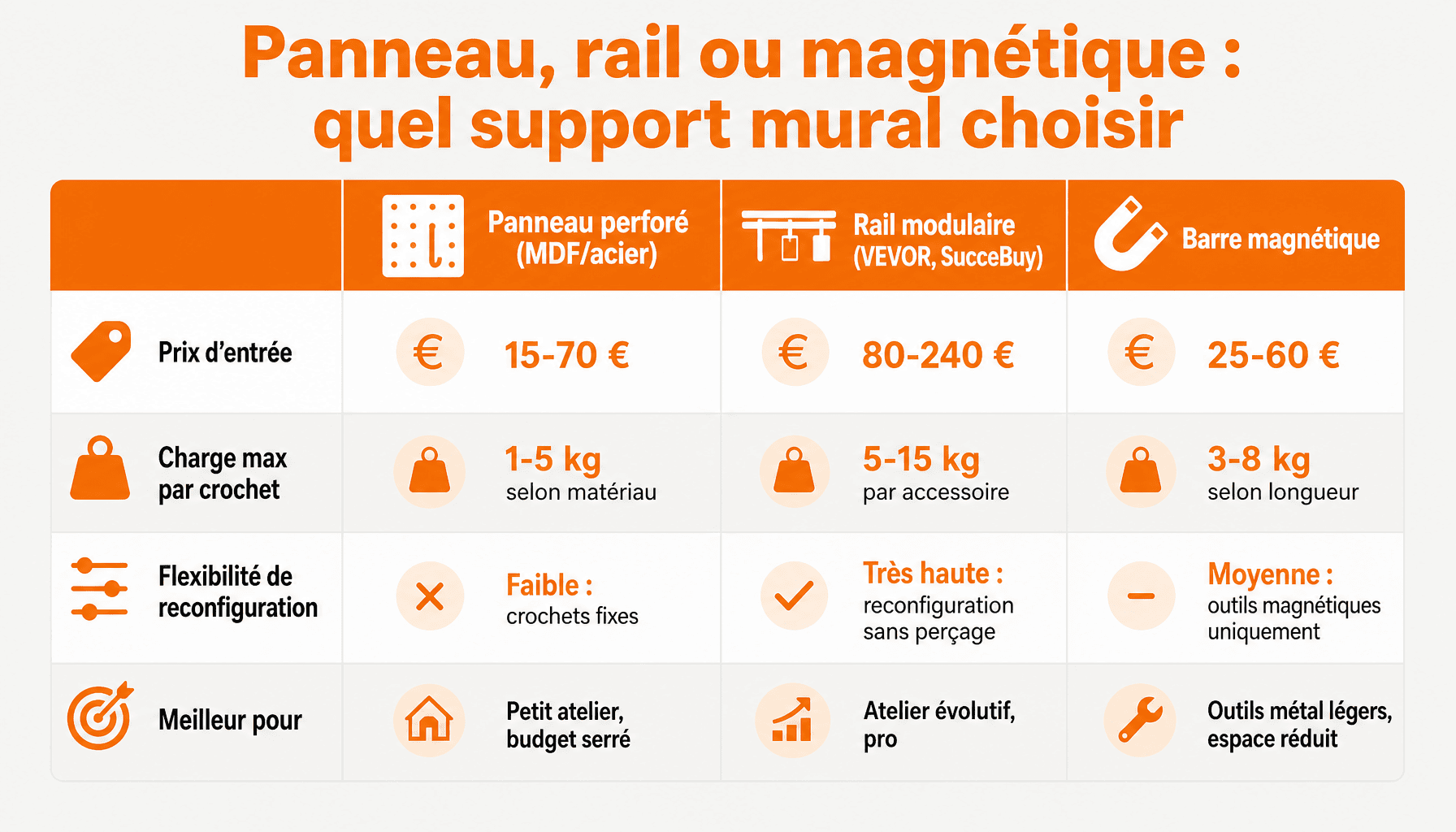 Comparaison des 3 types de support à outils mural : panneau perforé, rail modulaire et barre magnétique