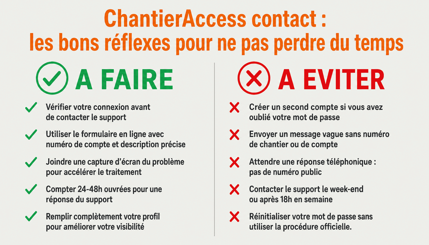 Infographie chantieraccess contact : à faire et à éviter pour joindre la plateforme rapidement