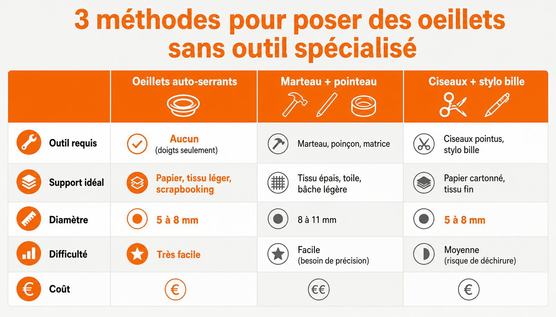Comparaison des 3 techniques pour poser des oeillets sans outil : auto-serrants, marteau-pointeau, pince