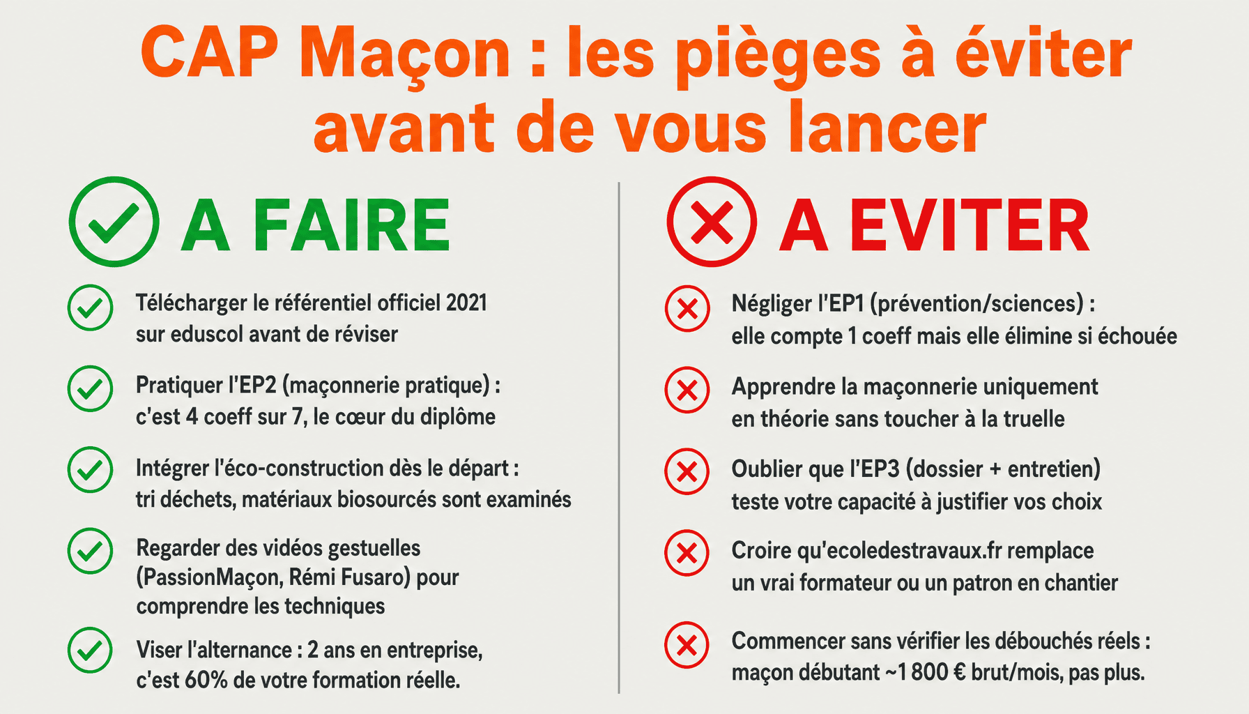 Infographie ecoledestravaux.fr maçonnerie : conseils et erreurs courantes pour réussir le CAP Maçon