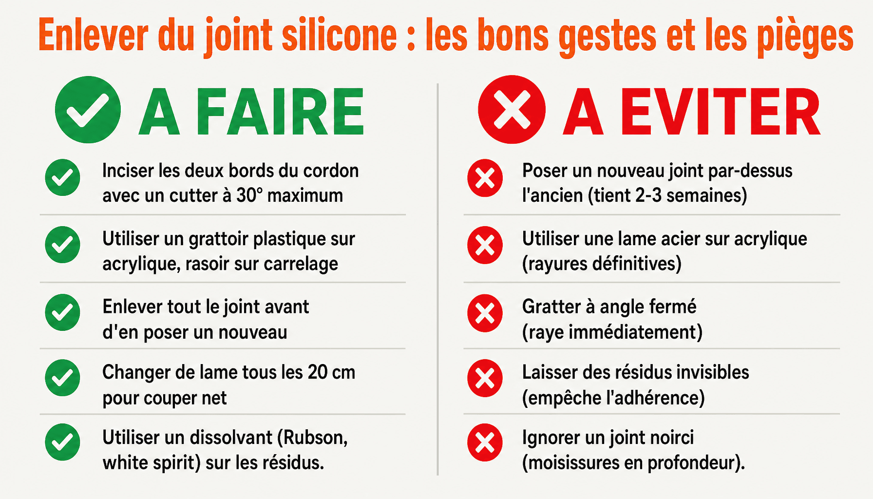Infographie comment enlever du joint silicone : méthodes correctes et erreurs à éviter