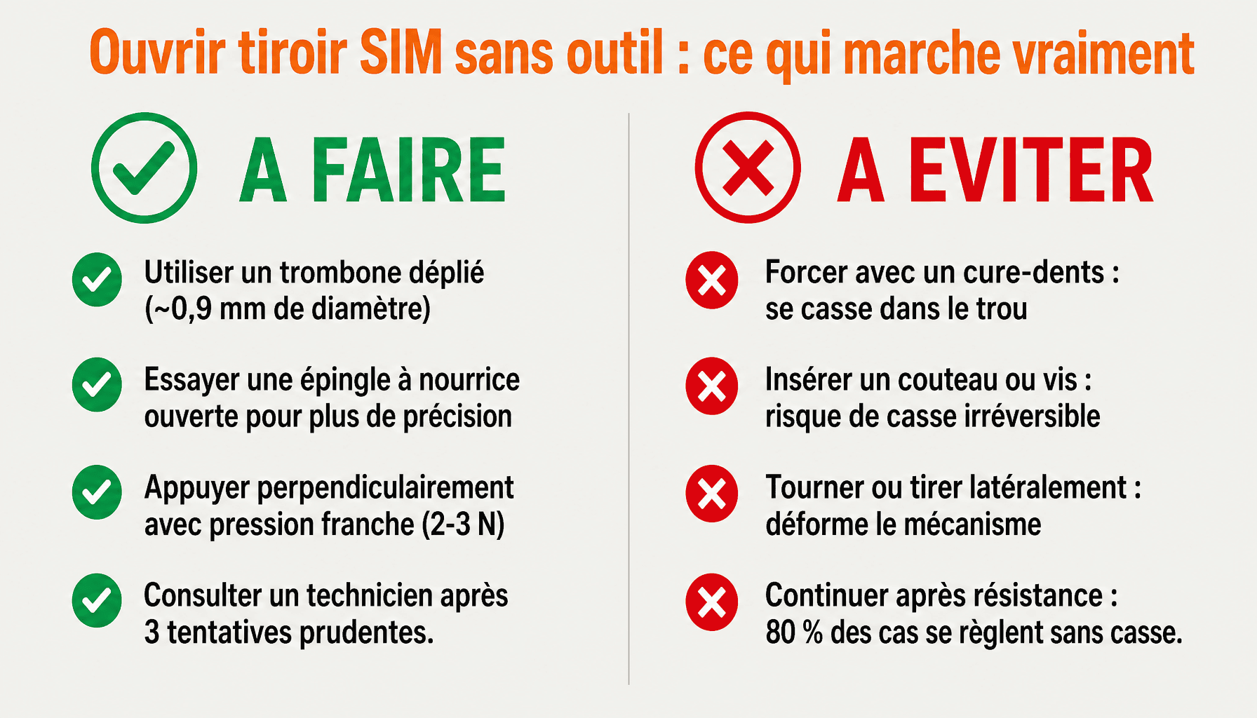 Infographie comment ouvrir le tiroir carte SIM sans outil : objets à utiliser et à proscrire