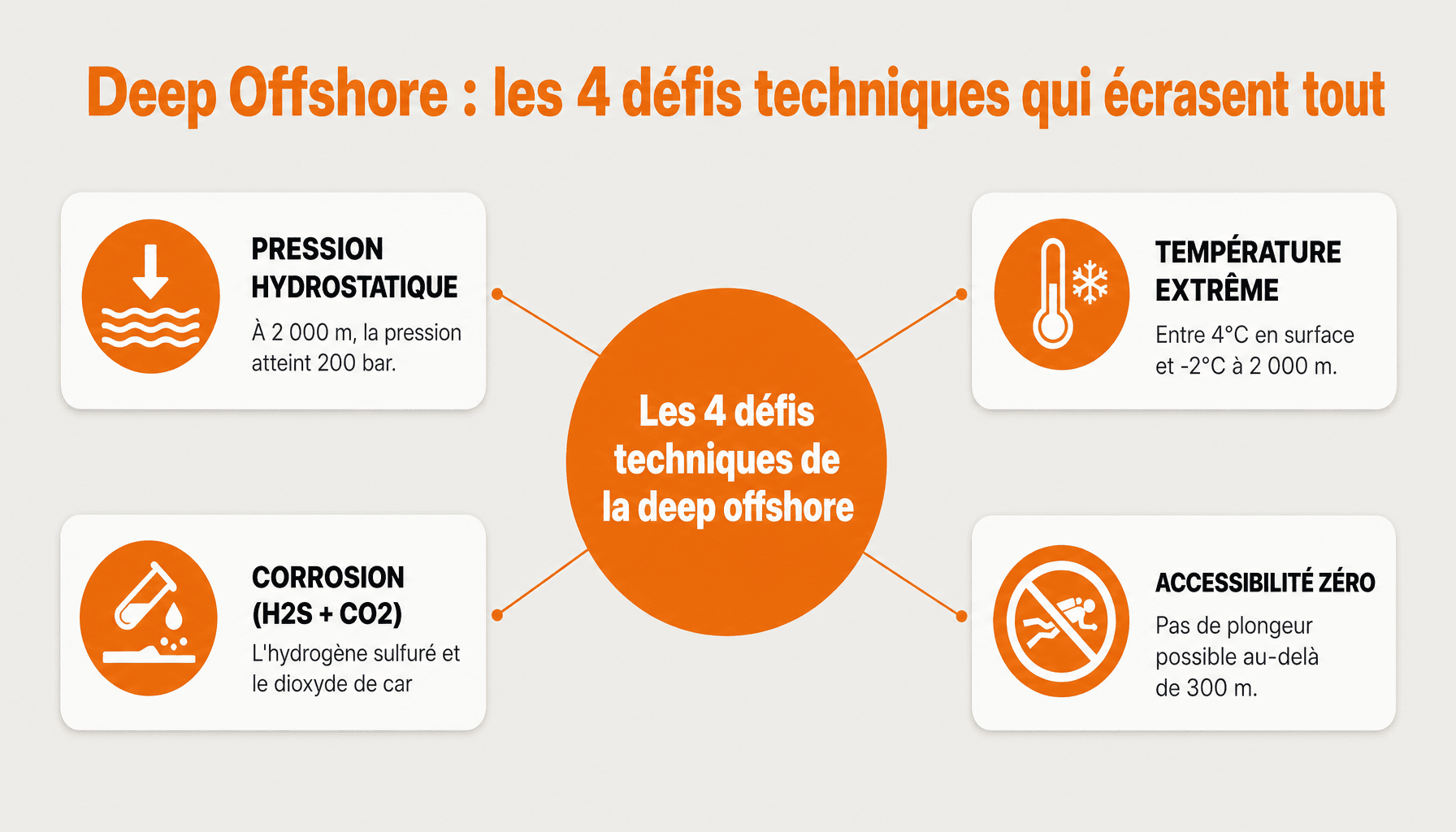 Infographie deep offshore technology : pression, température, corrosion et accessibilité en eaux profondes