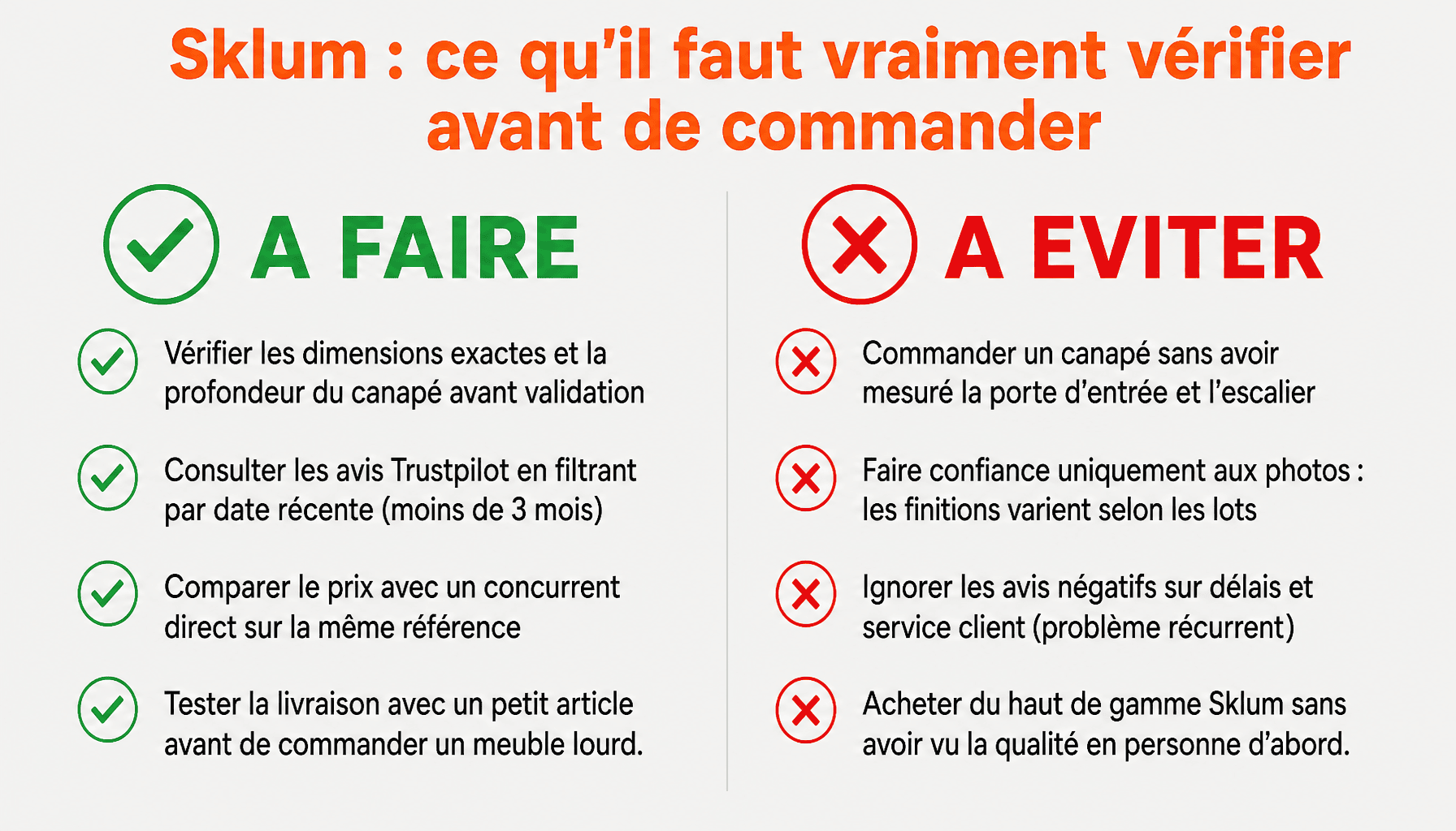 Infographie dos et don'ts pour acheter des meubles design Sklum à prix cassé