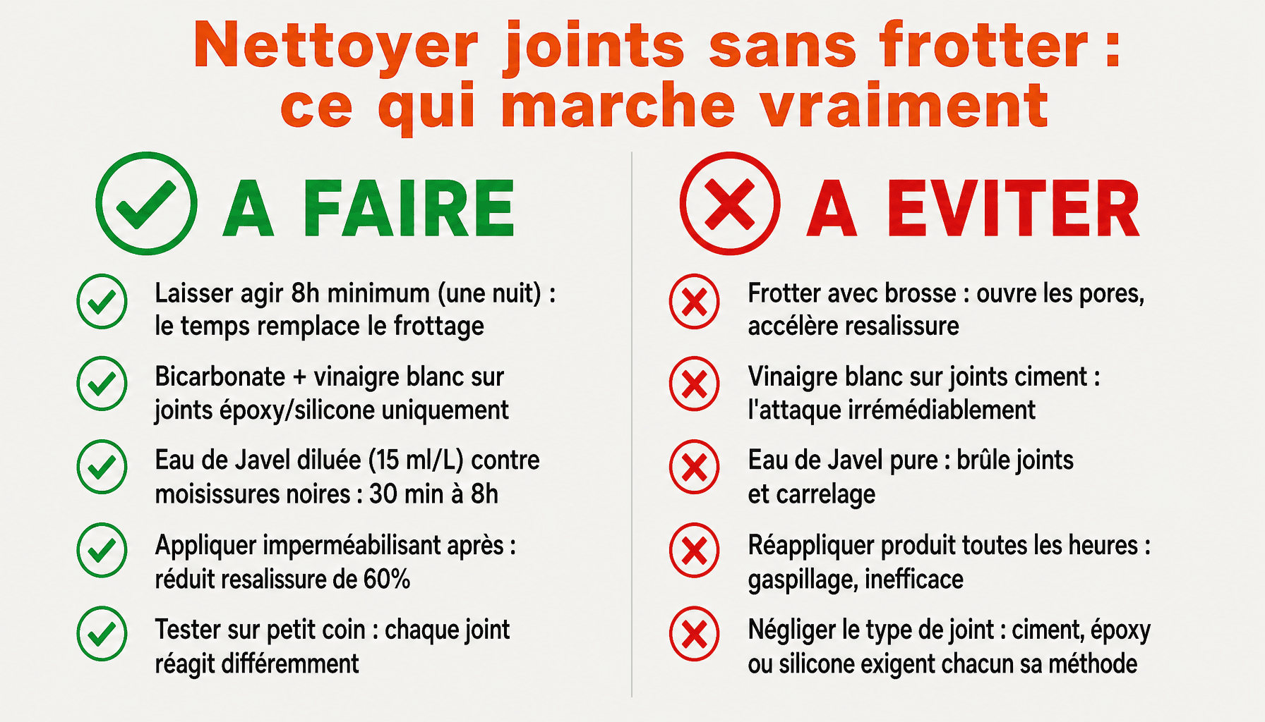 Infographie nettoyer joint de carrelage sol sans frotter : méthodes efficaces vs erreurs à éviter