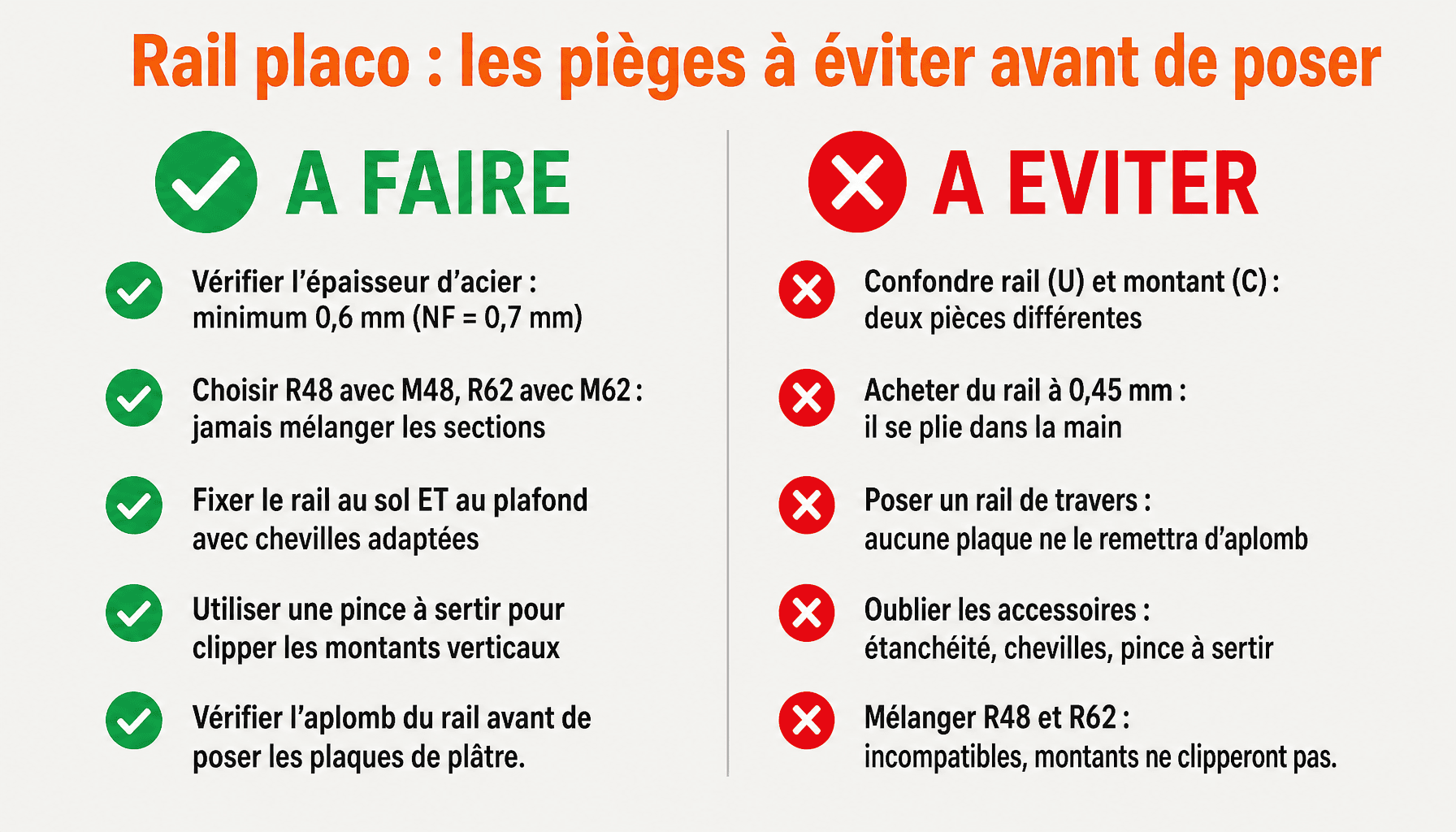 Infographie rail placo : erreurs courantes et bonnes pratiques pour ossature métallique