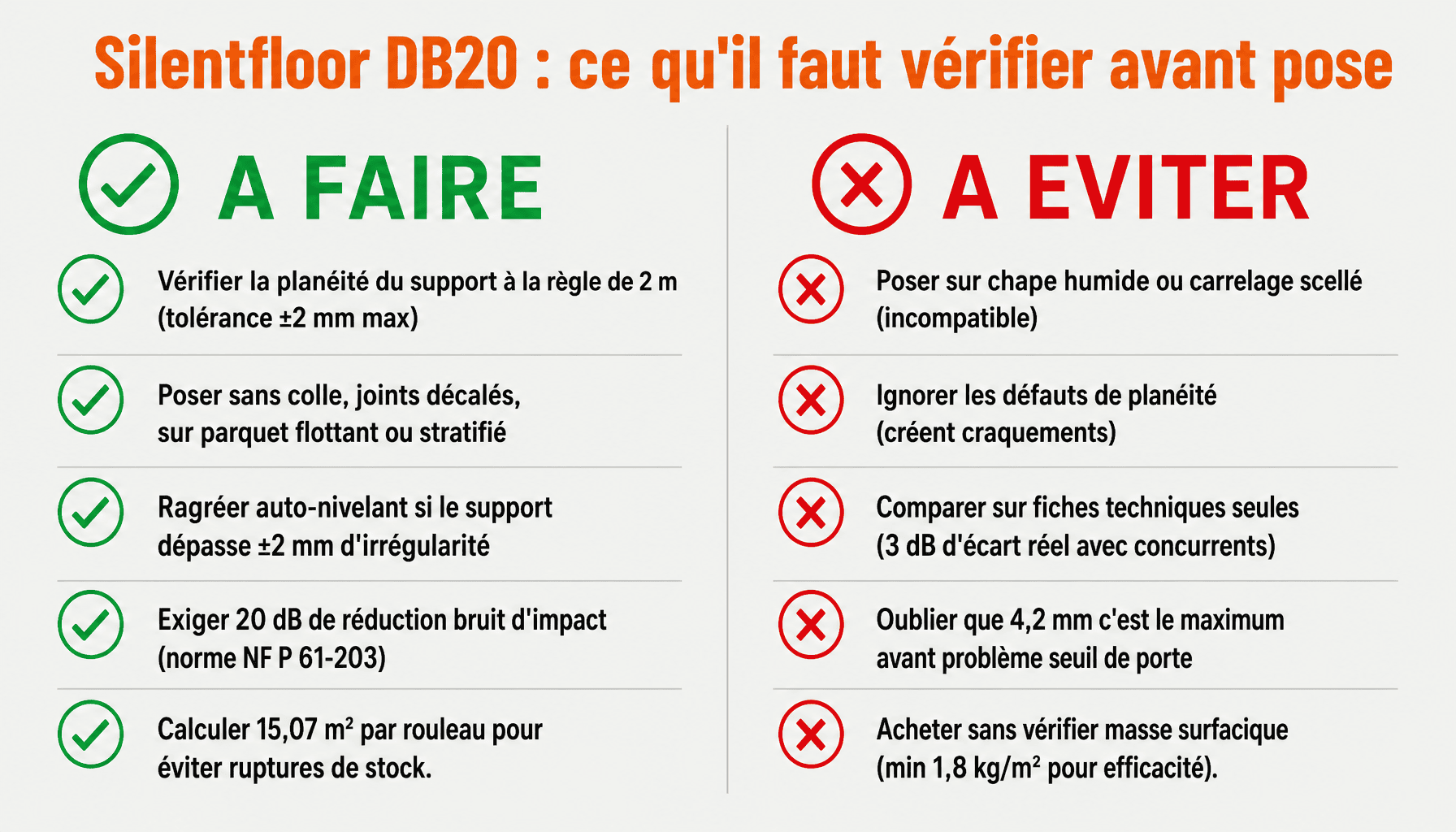 Infographie sous-couche acoustique Silentfloor DB20 efficacité : bonnes pratiques et pièges à éviter avant installation