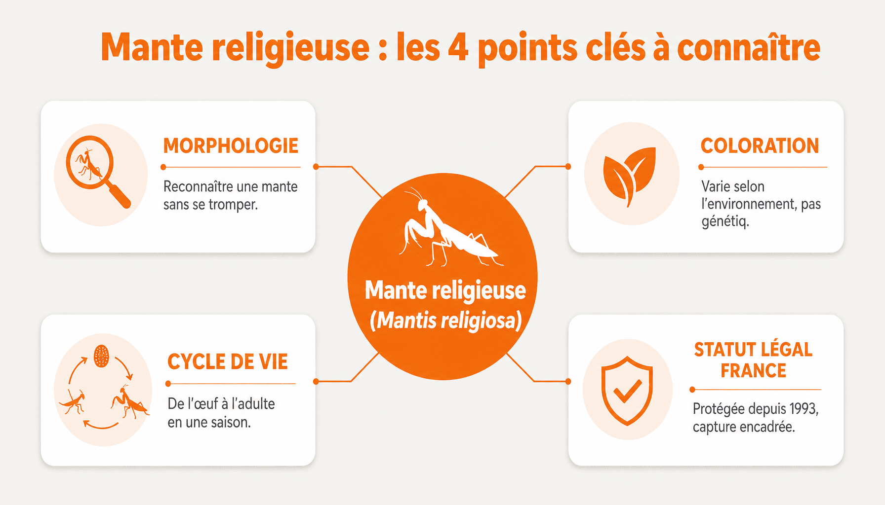 Infographie sur la mante religieuse : morphologie, identification, cycle de vie et statut légal en France