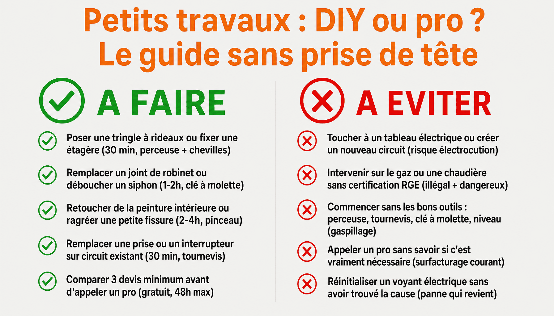 Infographie travauxduweb.com : guide pratique DIY vs pro pour petits travaux bricolage, électricité, plomberie
