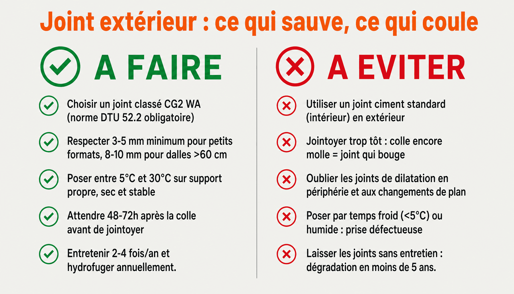 Infographie joint extérieur pour carrelage : bonnes pratiques et erreurs à éviter pour terrasse durable