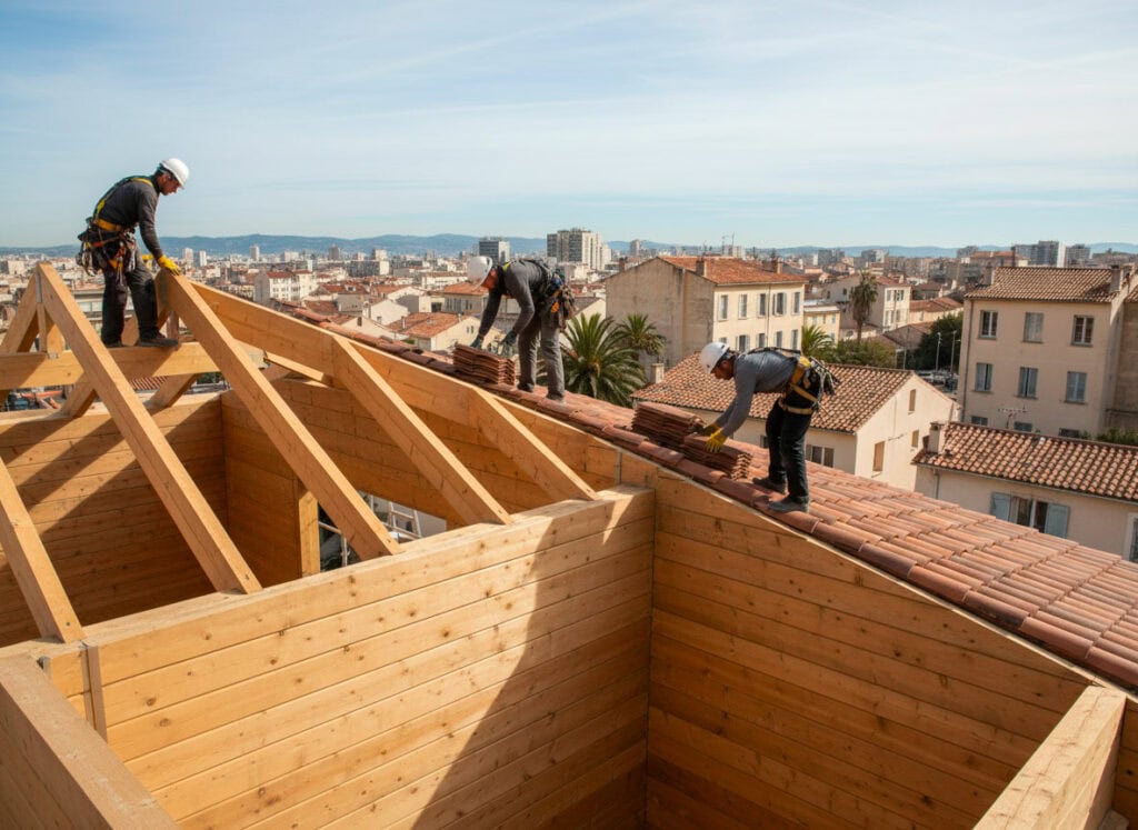 Un chantier de construction de maison en bois est en cours dans le 13. Le montage se termine et nous passons au second &oelig;uvre &agrave; Marseille.