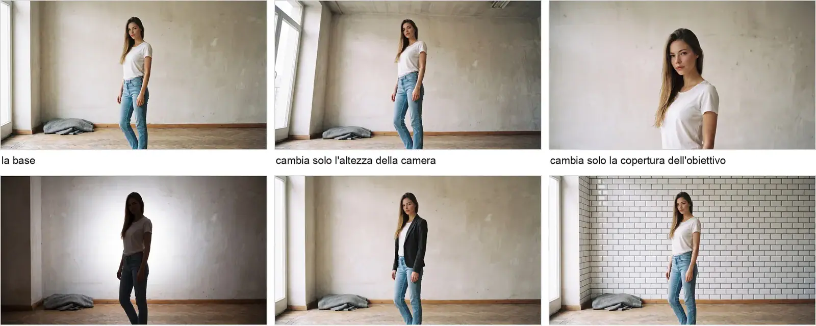 cinque versioni della stessa scena, ognuna diversa dalla base per UN parametro