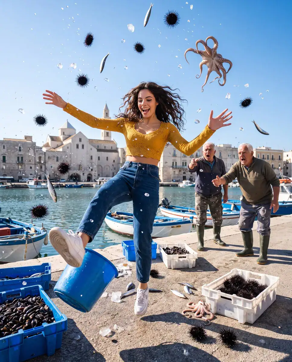 Foto in stile bullet time: Lia cade al molo con secchi, ricci e polpo sospesi, come richiesto dal prompt.