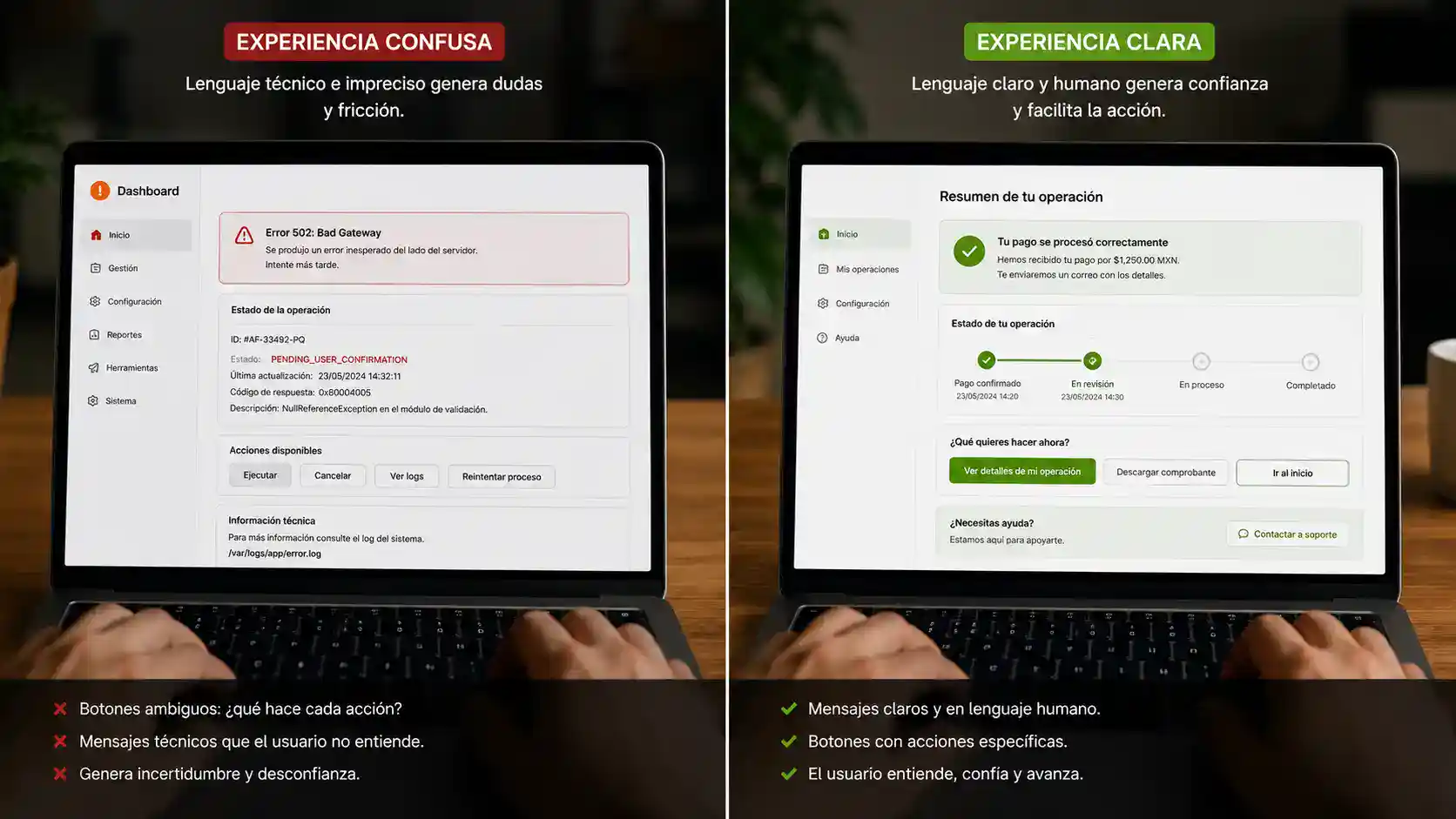 Comparación entre una interfaz confusa y una interfaz clara para mostrar cómo el UX Writing reduce la fricción y mejora la experiencia del usuario.