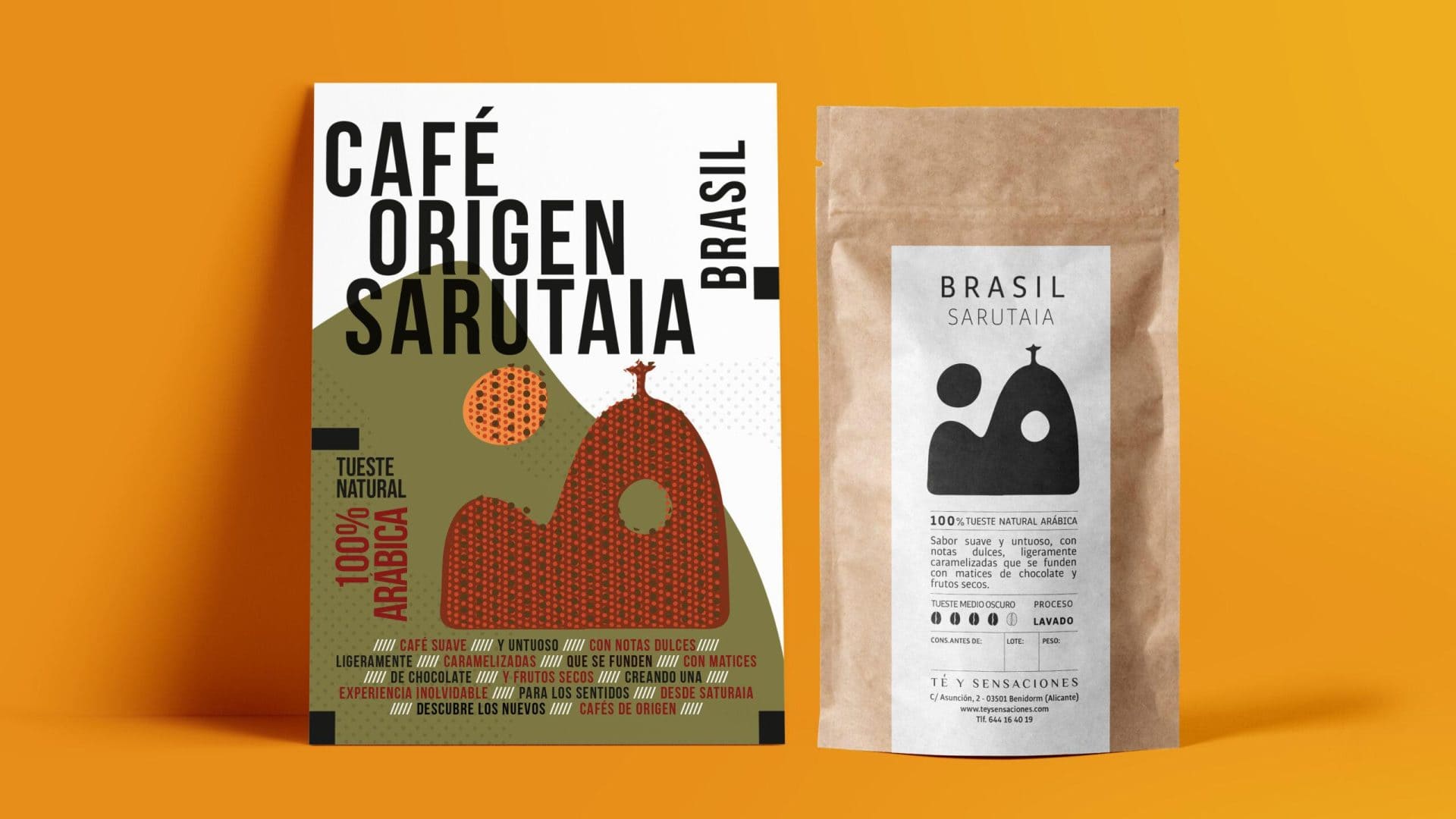 Diseño de etiqueta para bolsa Kraft y tarjeta informativa de café Brasil Sarutaiá | Packaging premium por Rara Avis Estudio Creativo - Especialistas en diseño gráfico para café de especialidad en Granada y Alicante
