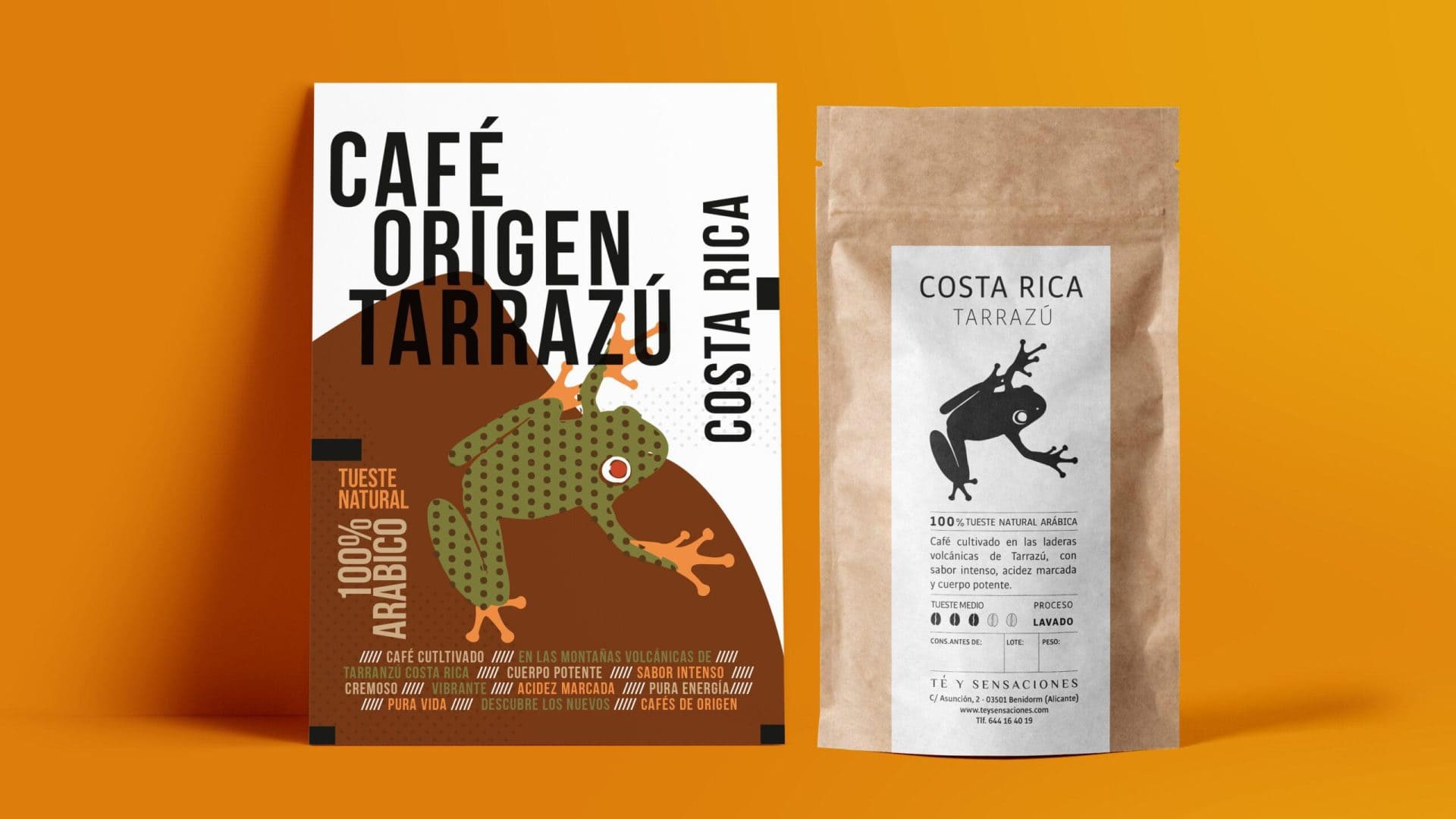 Diseño de etiqueta para bolsa Kraft y tarjeta informativa de café Costa Rica Tarrazú | Packaging premium por Rara Avis Estudio Creativo - Especialistas en diseño gráfico para café de especialidad en Granada y Alicante
