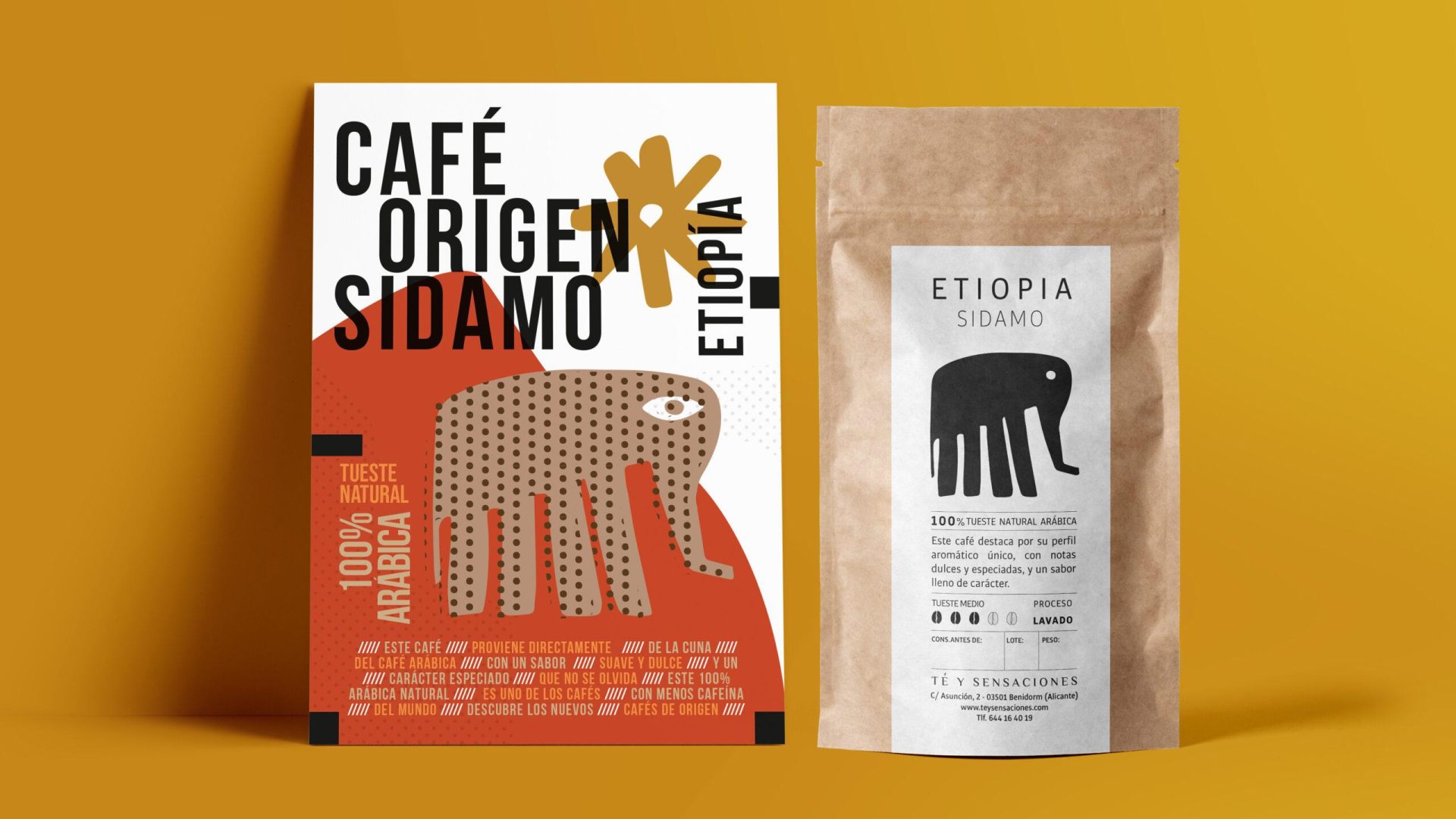 Diseño de etiqueta para bolsa Kraft y tarjeta informativa de café Etiopía Sidamo | Packaging premium por Rara Avis Estudio Creativo en Granada y Alicante