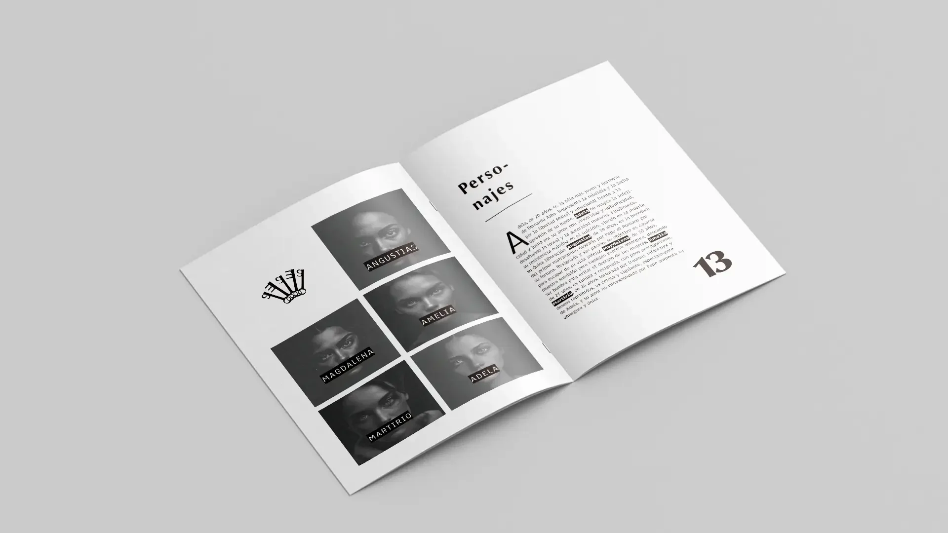 Imagen de las páginas 12 y 13 del fanzine diseñado por Rara Avis Estudio sobre *La Casa de Bernarda Alba* de Lorca, donde se analizan los personajes principales, las hijas de Bernarda Alba, con un enfoque visual y accesible.
