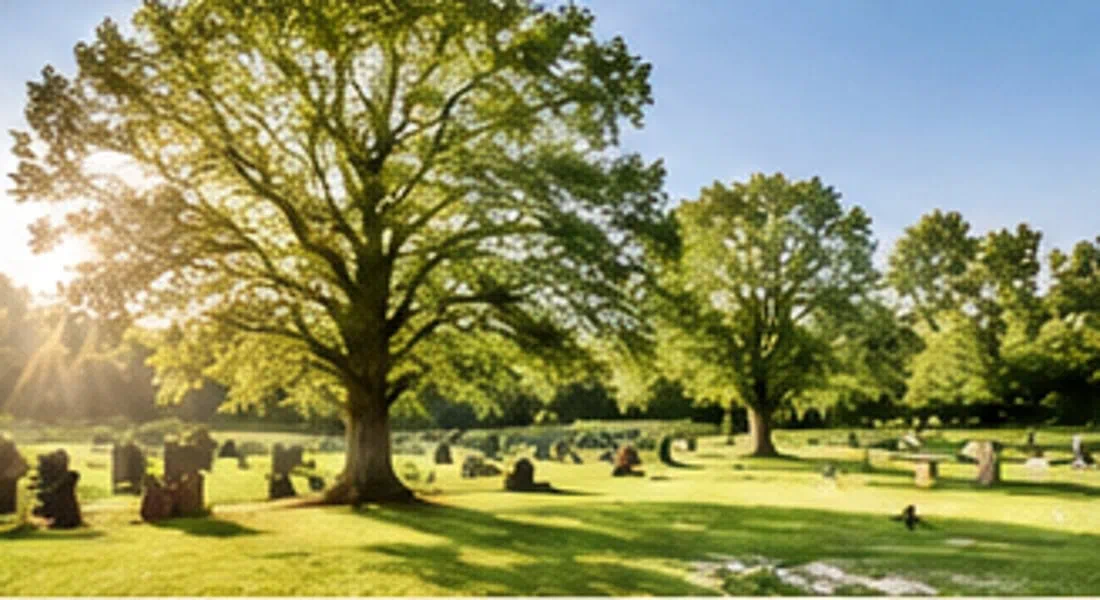 Illustrative cemetery grounds with gravestones