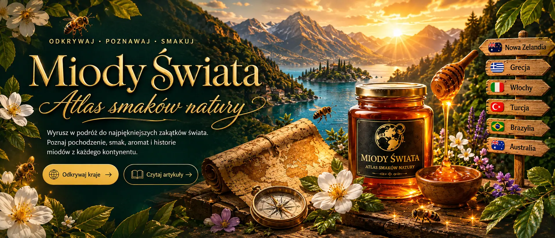 Miody Świata — atlas smaków natury. Hero z górskim jeziorem, słoikiem miodu, mapą, kompasem i tablicą kierunkową z krajami.