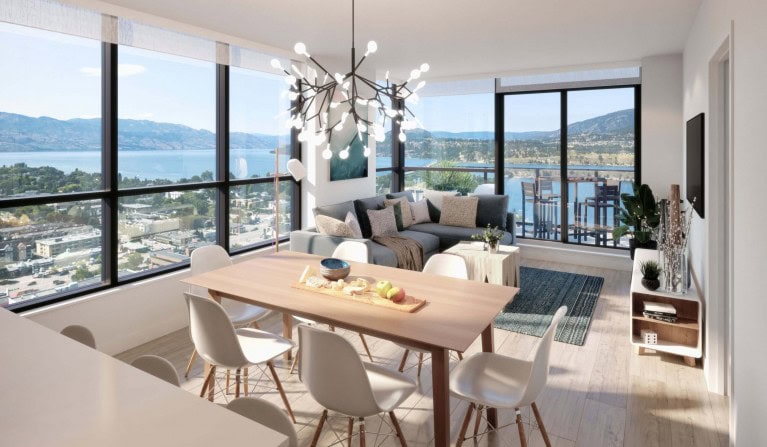Bertram open concept kitchen and living room; Stage kitchen in apartments for rent in Kelowna