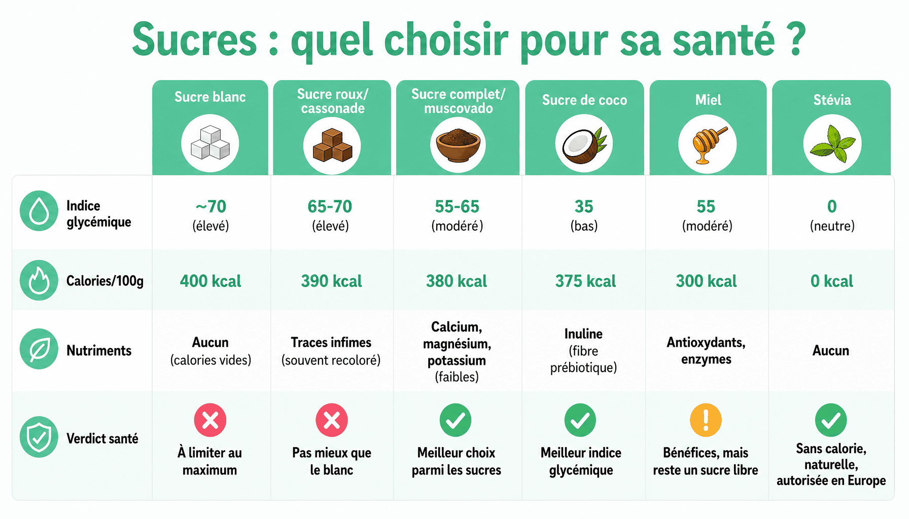Comparatif des sucres : quel est le meilleur sucre pour la santé selon l'indice glycémique, calories et nutriments